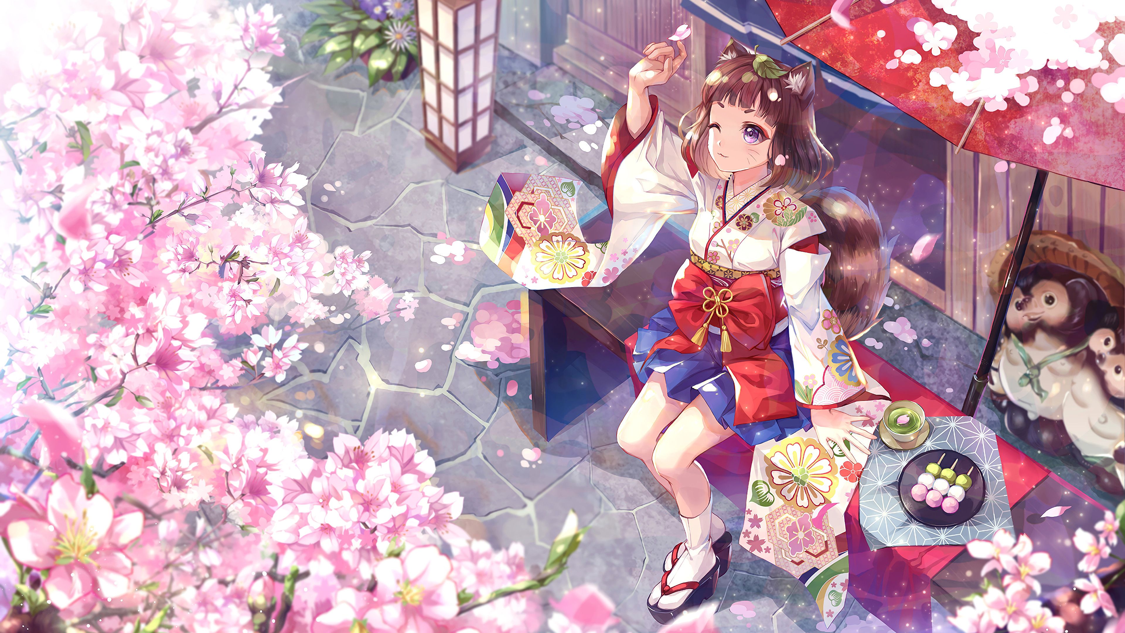 Anime Girl Kimono Cherry Blossom 4K Wallpaper