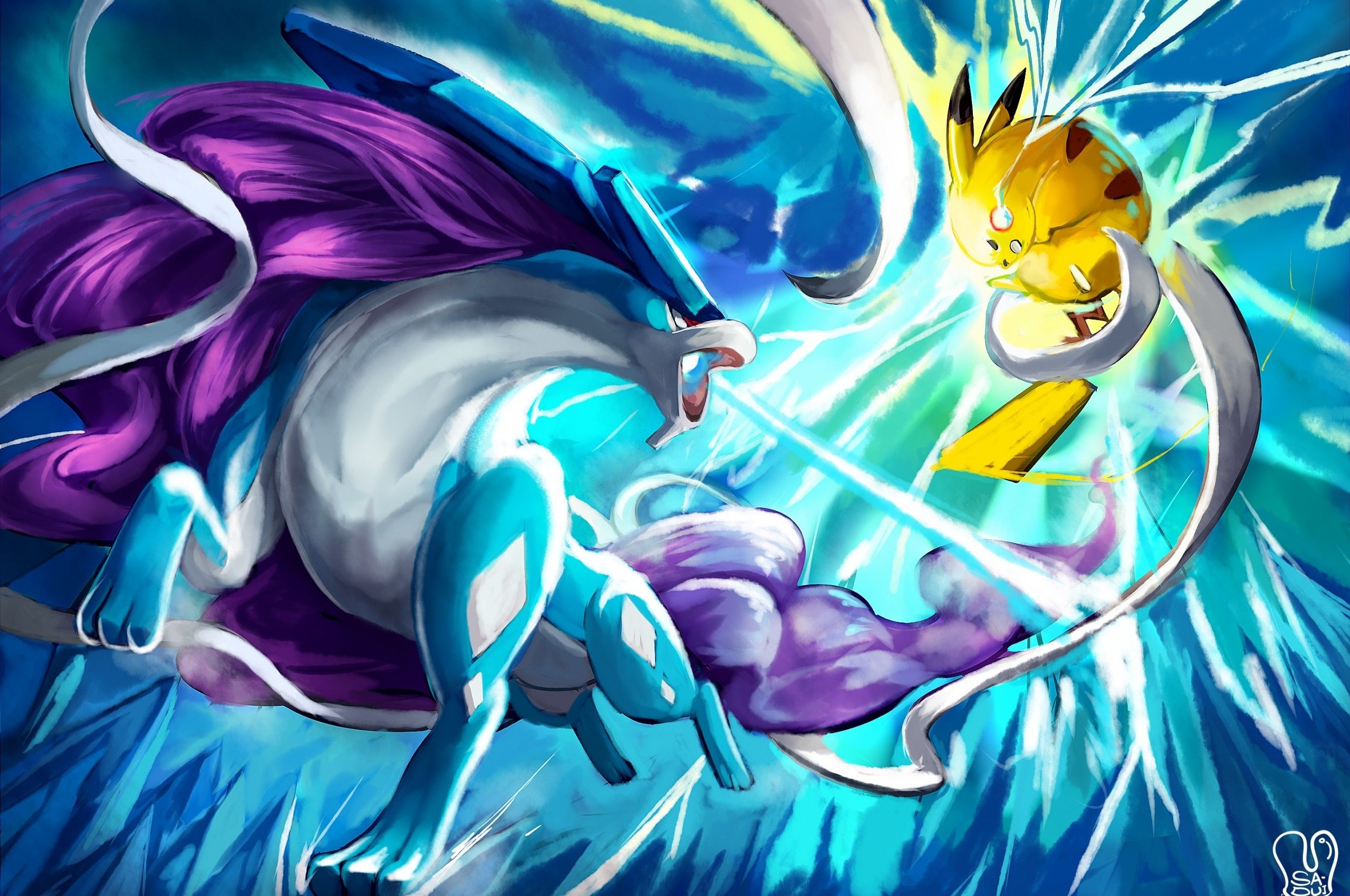 Download 2560x1700 Pokemon, Pikachu, Suicune, Fight Wallpaper for Chromebook Pixel