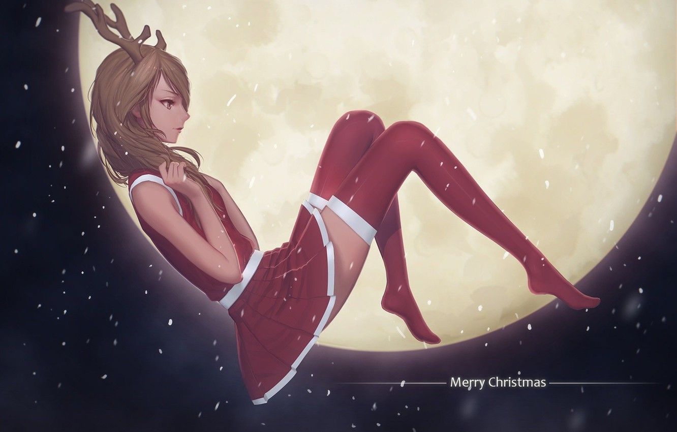 Wallpaper girl, the moon, Anime, merry christmas image for desktop, section сёдзё