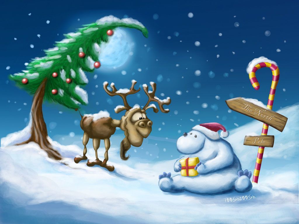 Happy Xmas Polar bear + moose. Christmas cartoons, Christmas backdrops, Snowman wallpaper