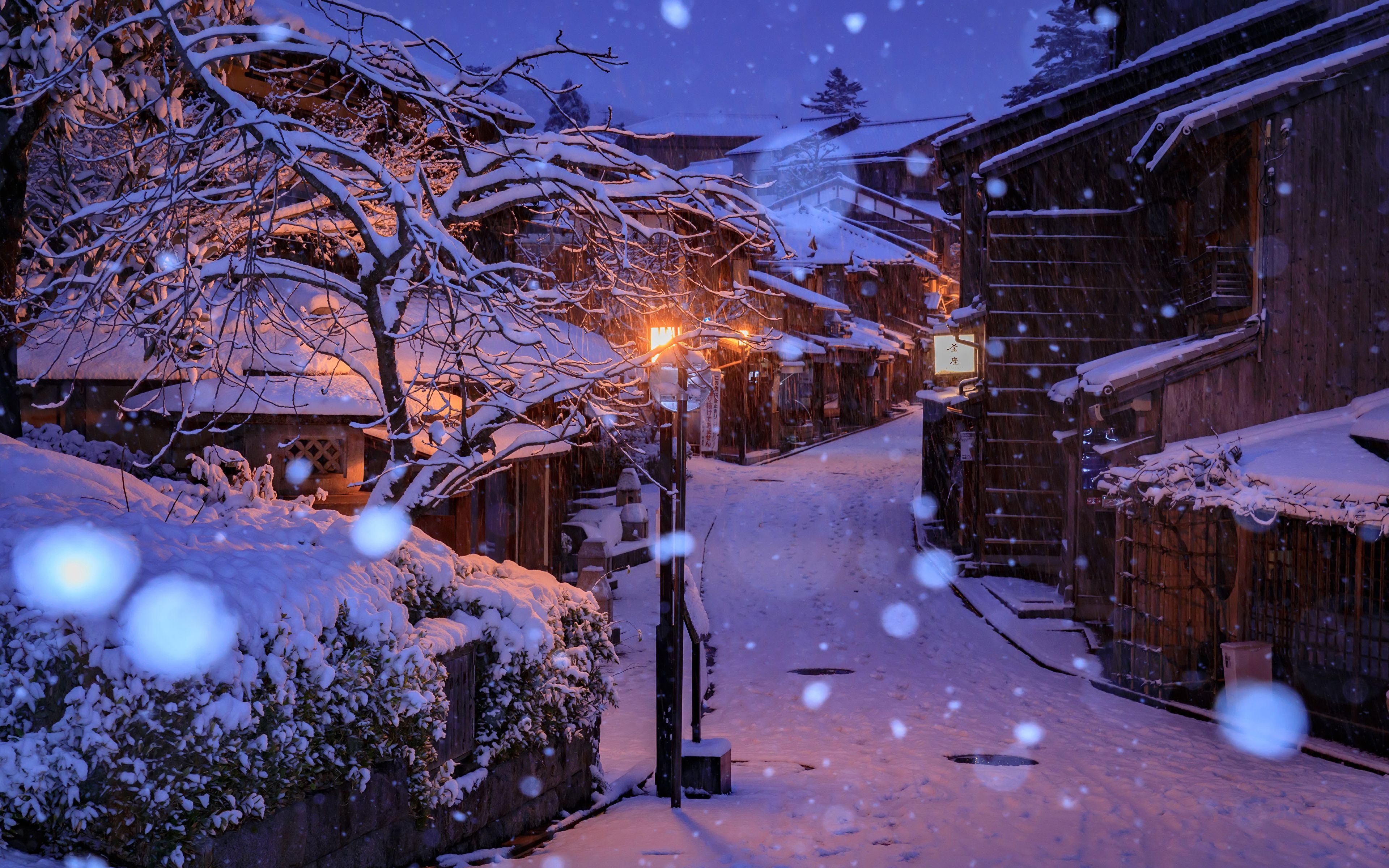 Picture Kyoto Japan Winter Snow Street Night Street 3840x2400. Winter house, Snow night, Nature photo
