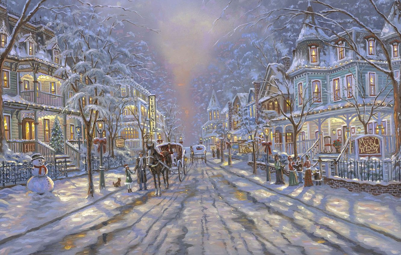 Wallpaper road, street, Christmas, snowman, tree, painting, Christmas, Robert Finale, winter, snow, street, painting, snowman, christmas decoration, cottages, christmas tree image for desktop, section живопись