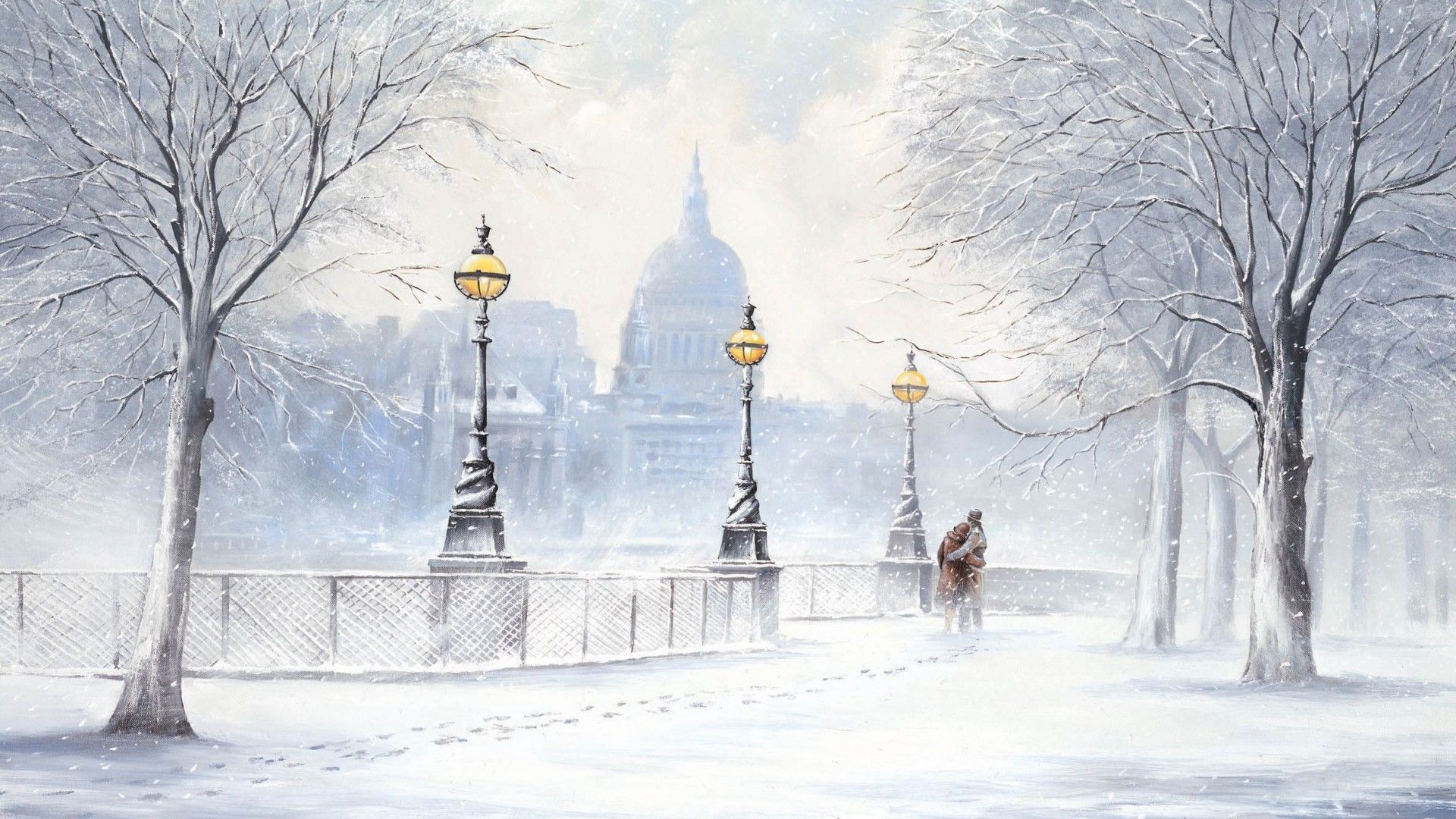 Picture Jeff Rowland winter snow boulevard snow street lights two signs trees city buildings cities wallpaperx1080