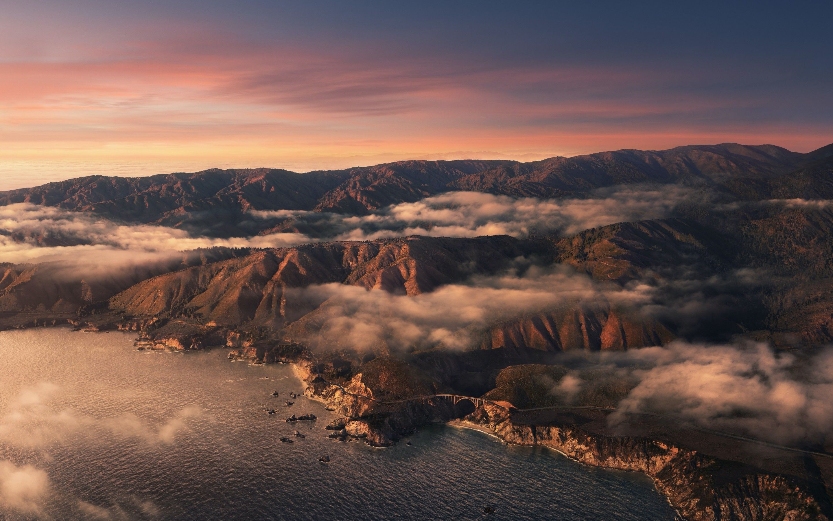 Big Sur 4K Wallpaper, Mountains, Clouds, Sunset, Evening, macOS, Stock, California, 5K, Nature