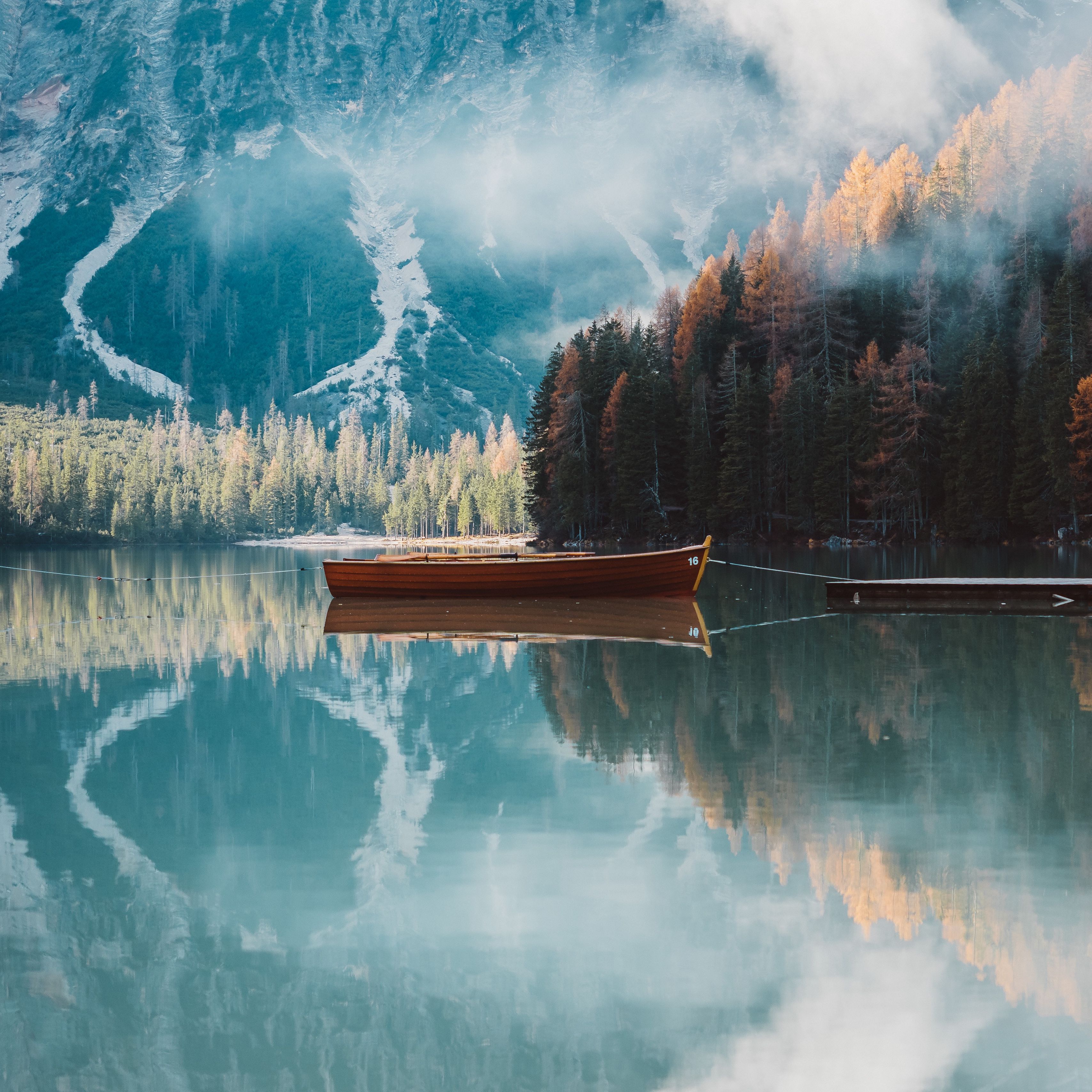Download wallpaper 3415x3415 boat, mountains, lake, trees, autumn ipad pro 12.9 retina for parallax HD background