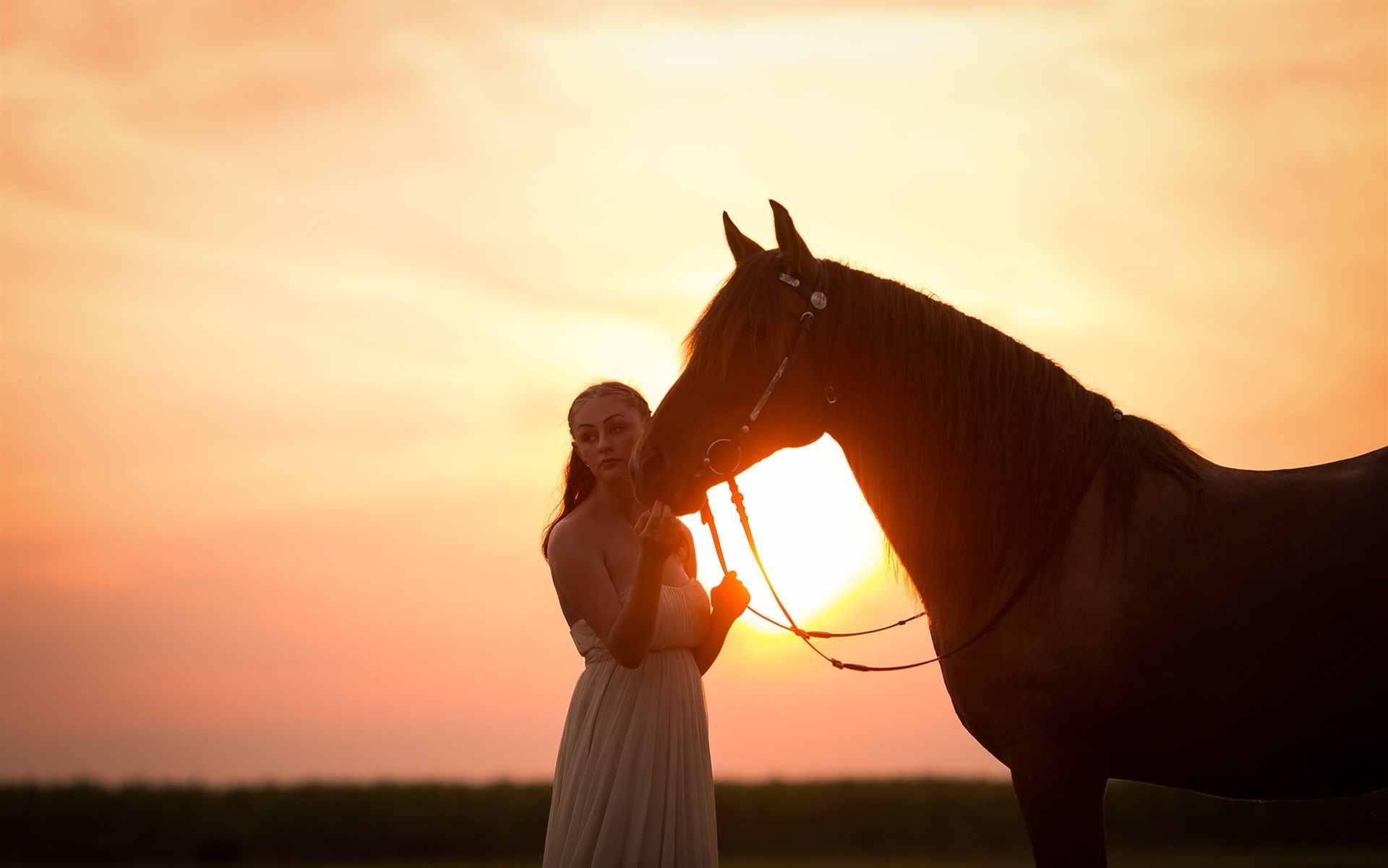 Wallpaper White skirt girl and horse at sunset 1920x1200 HD Picture, Image