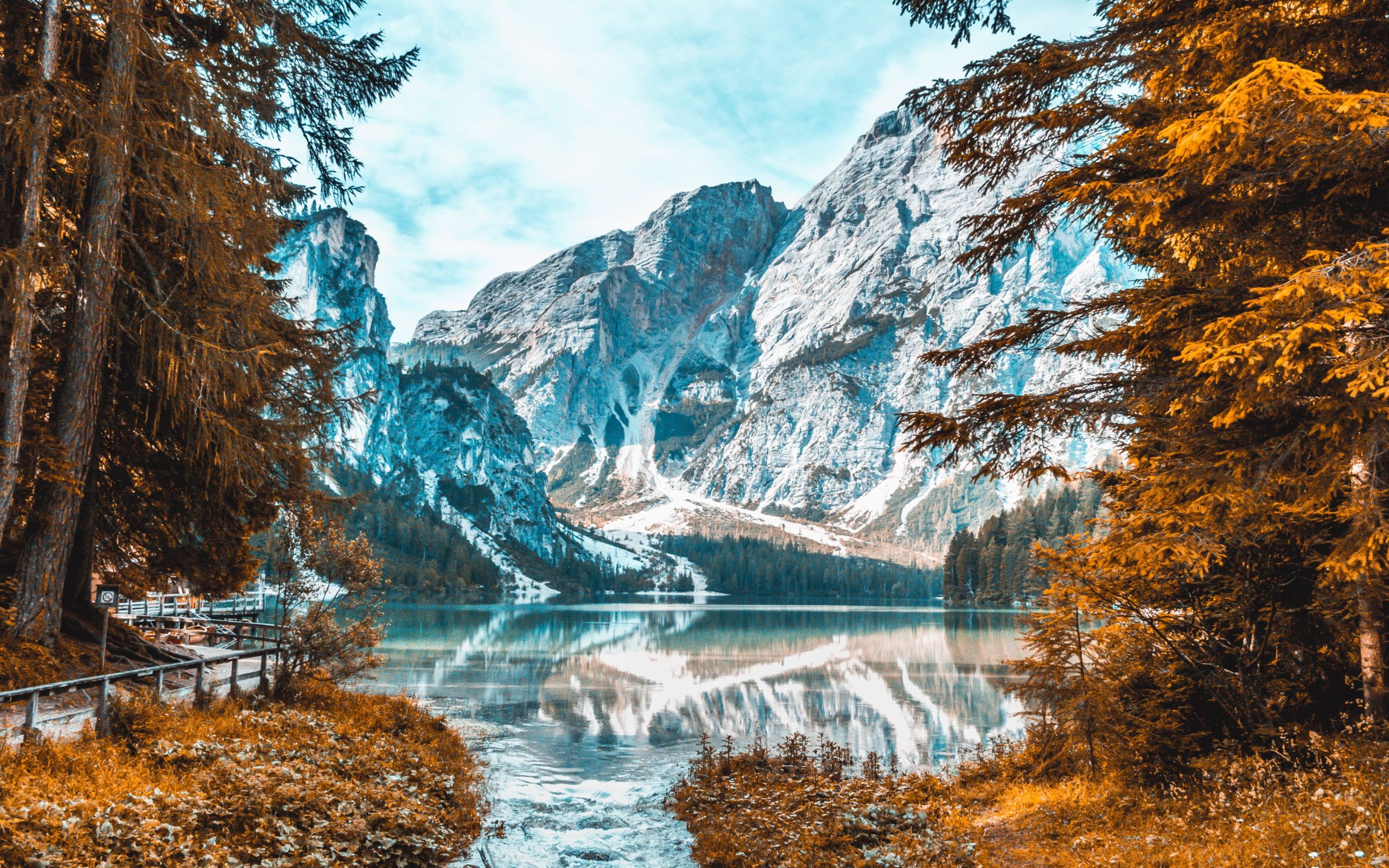 Download Snow Capped Mountain, Lake, Forest, Nature, Autumn Wallpaper, 2560x Dual Wide, Widescreen 16: Widescreen