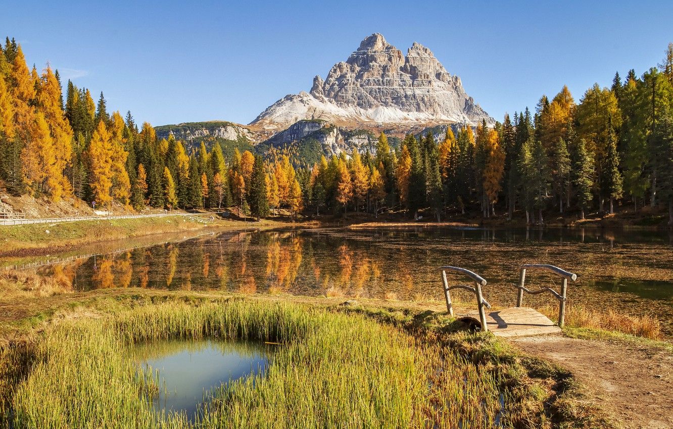 Wallpaper autumn, mountains, lake, the bridge image for desktop, section природа