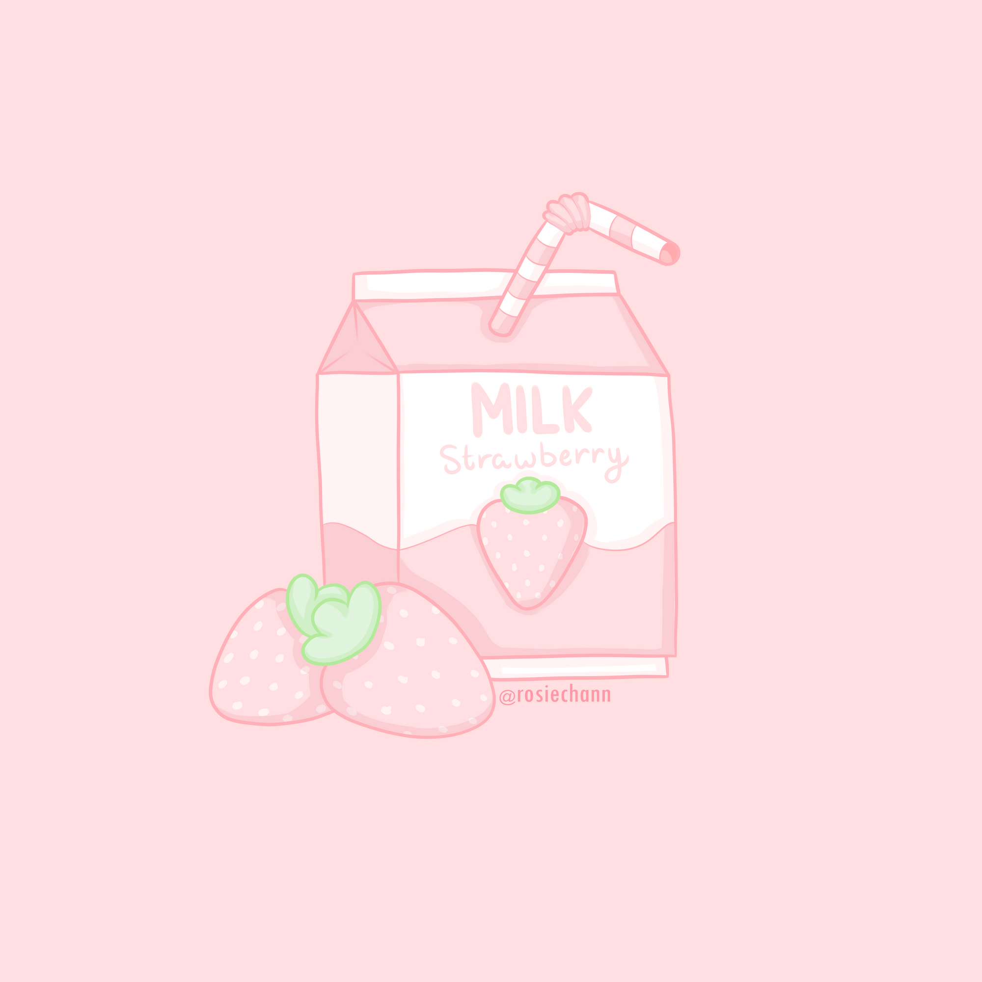 Cute Strawberry Milk Carton Box Drawing. RosieChan Art. Rosiechann. Rosie Art Studio. Pink Wallpaper Kawaii, Cute Kawaii Drawings, Kawaii Background