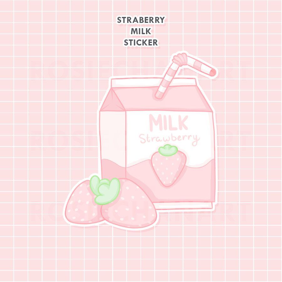 Strawberry Milk Sticker. RosieChan Art. Kawaii Planner Stationery. rosiechann. Cute food drawings, Strawberry art, Milk drawing