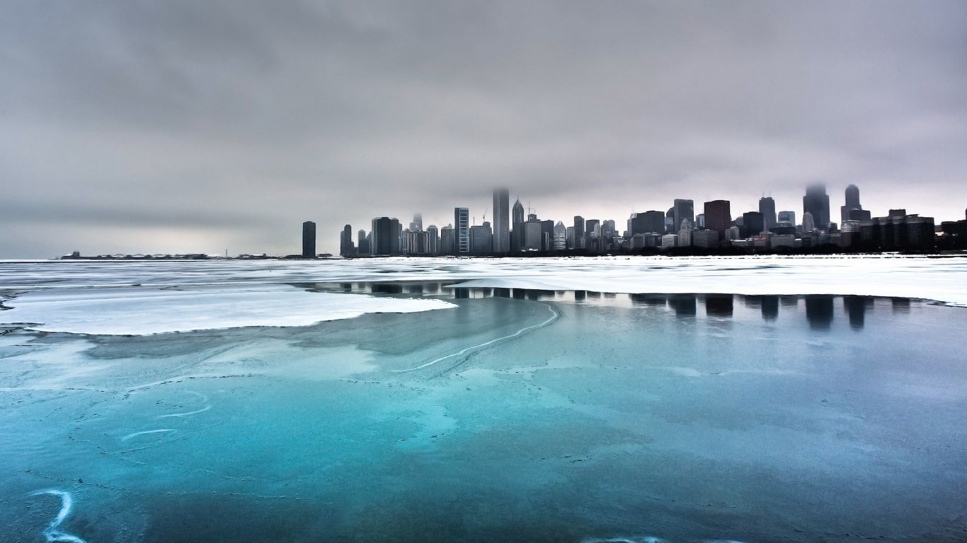 Download wallpaper 1366x768 city, winter, ocean, coast, ice, fog, cold tablet, laptop HD background