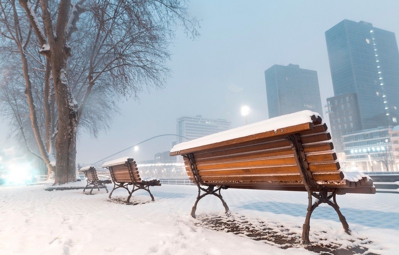 Wallpaper city, winter, snow, tree, buildings, cold, urban, mist, Bench, skycrapers image for desktop, section город