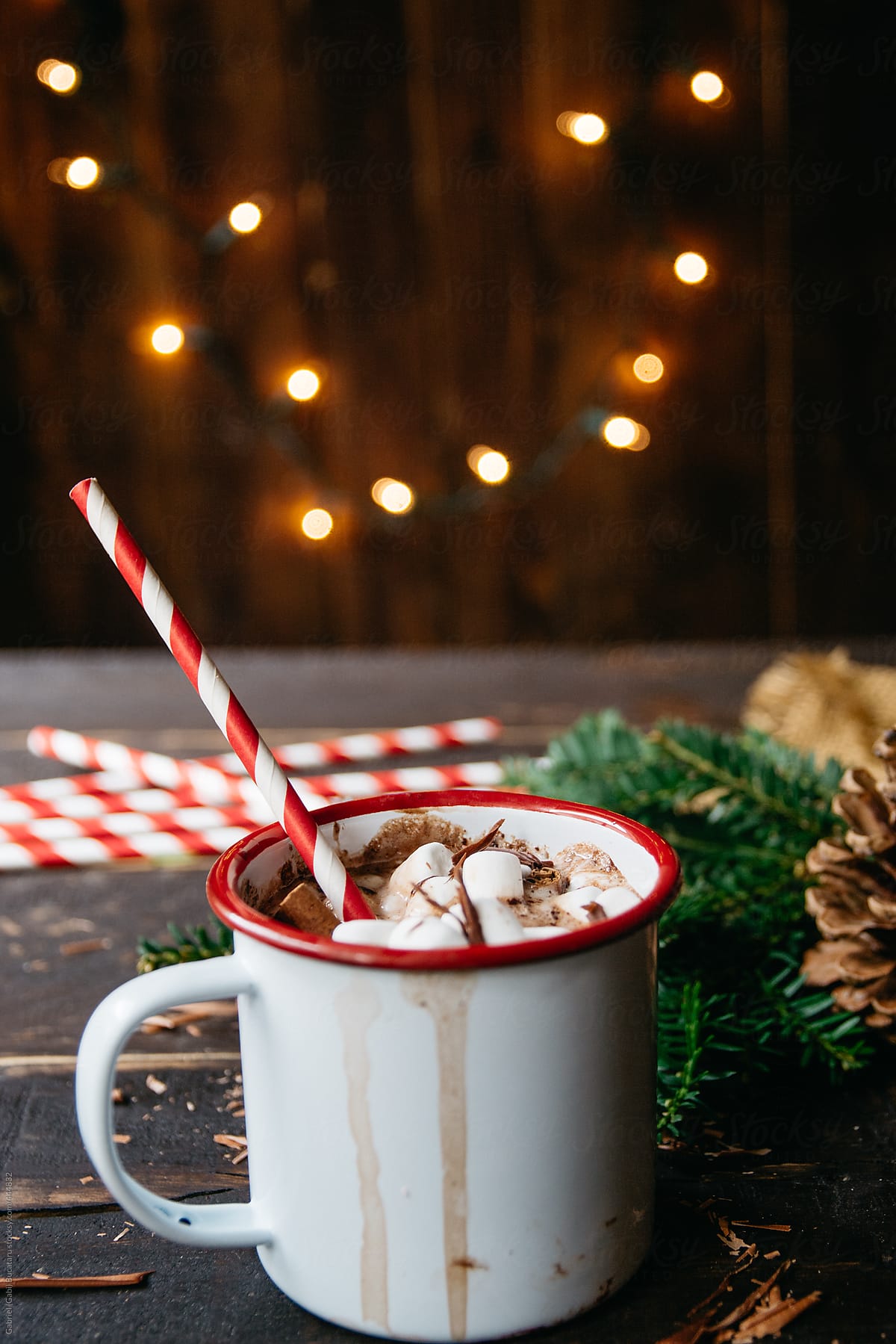 Cup of hot cocoa and straw with Christmas lights in background by Gabriel (Gabi) Bucataru