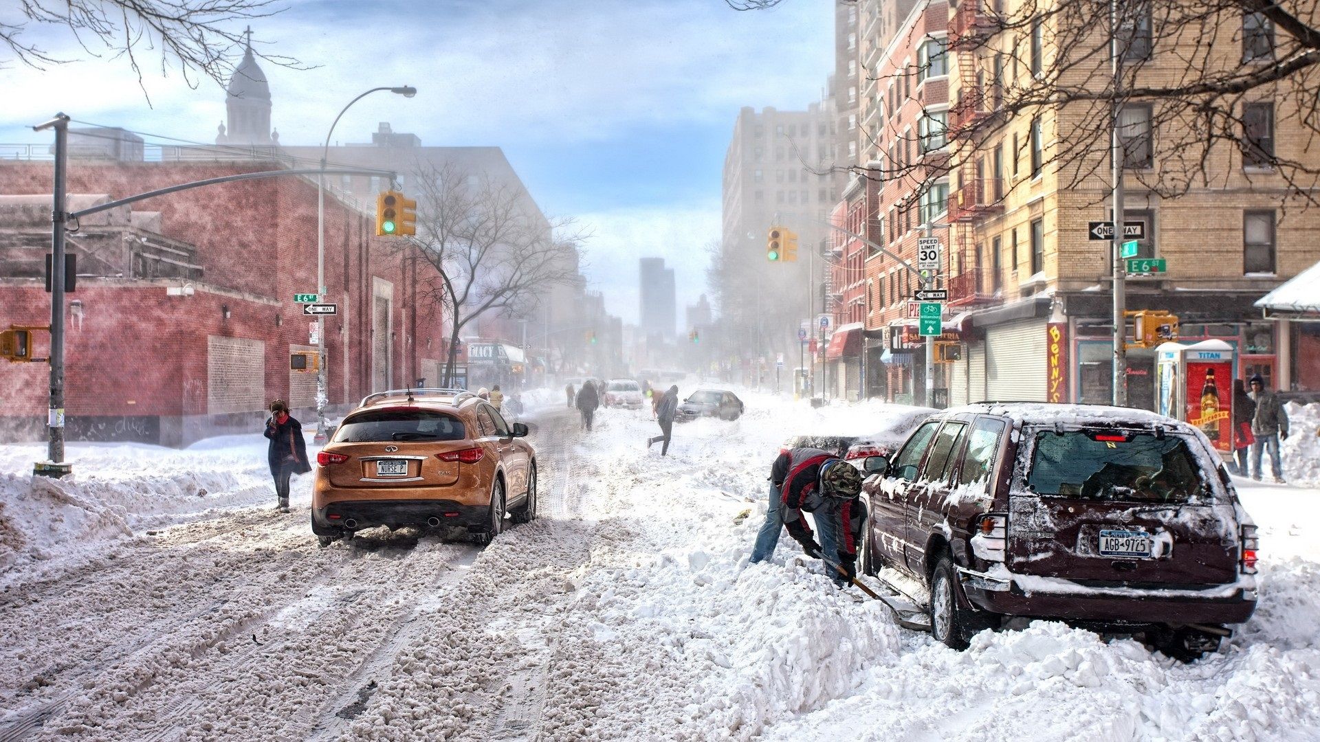 Wallpaper New York, winter, thick snow, road, city, cars, buildings, cold, USA 1920x1080 Full HD 2K Picture, Image