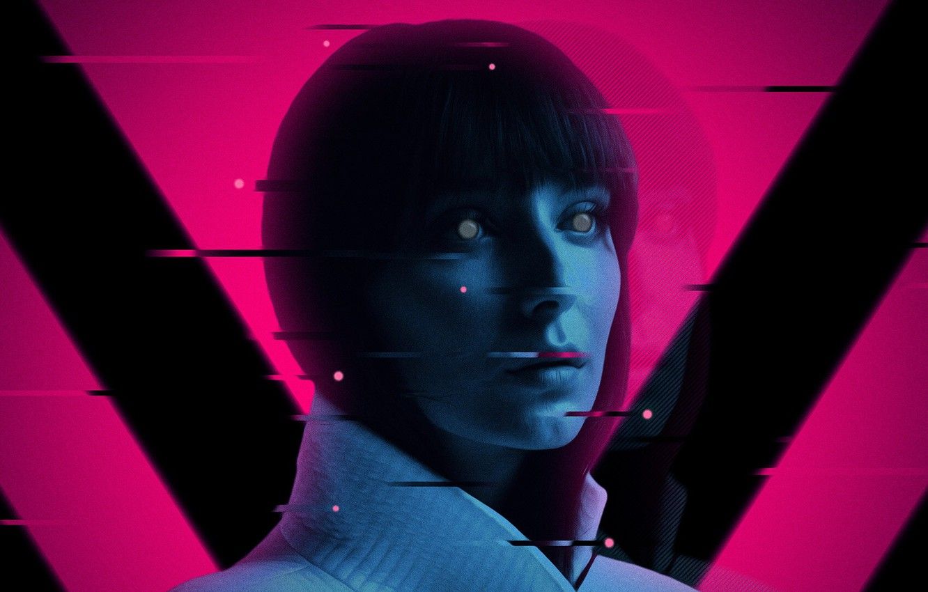 Wallpaper Girl, future, eyes, art, neon, cyberpunk, face, pink and blue image for desktop, section фантастика