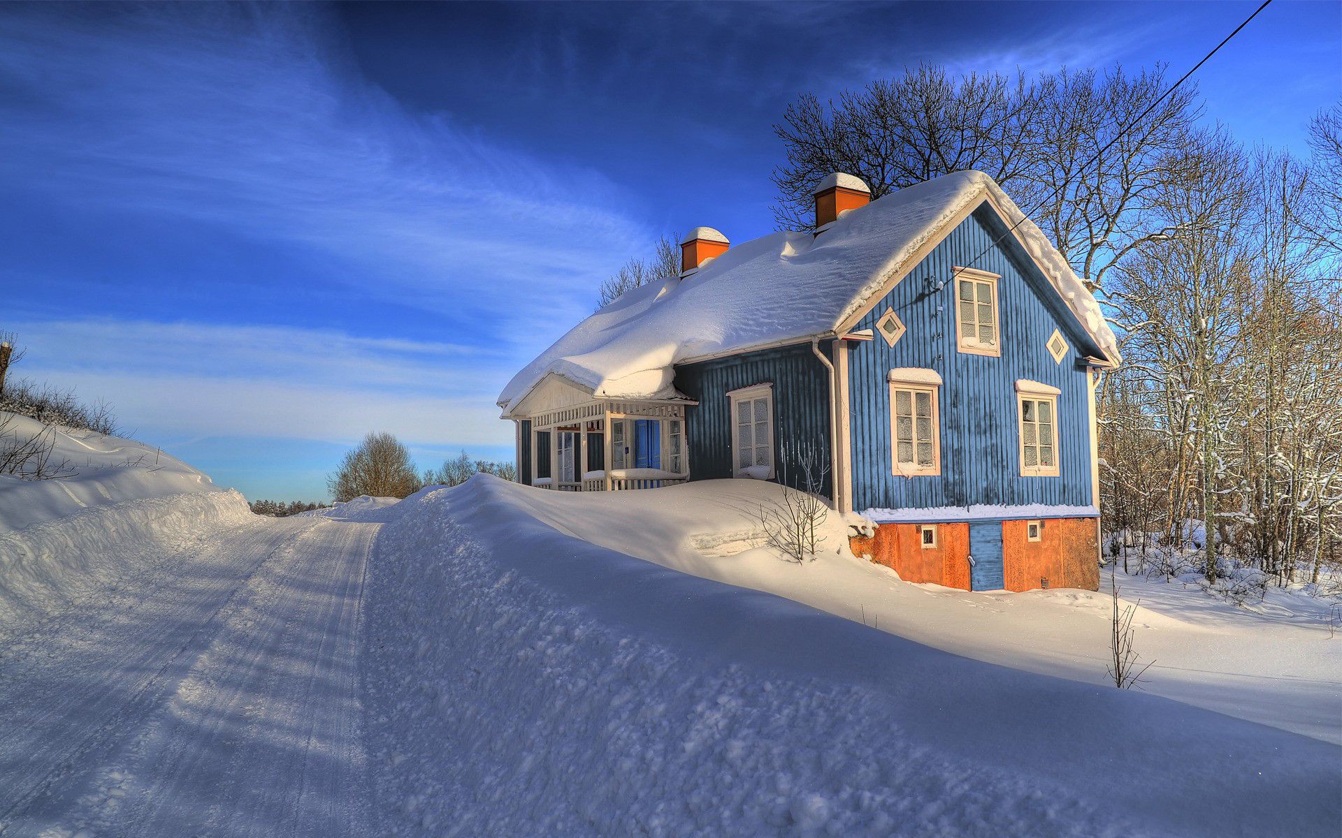 Deep Winter Blue House & Road wallpaper. Deep Winter Blue House & Road