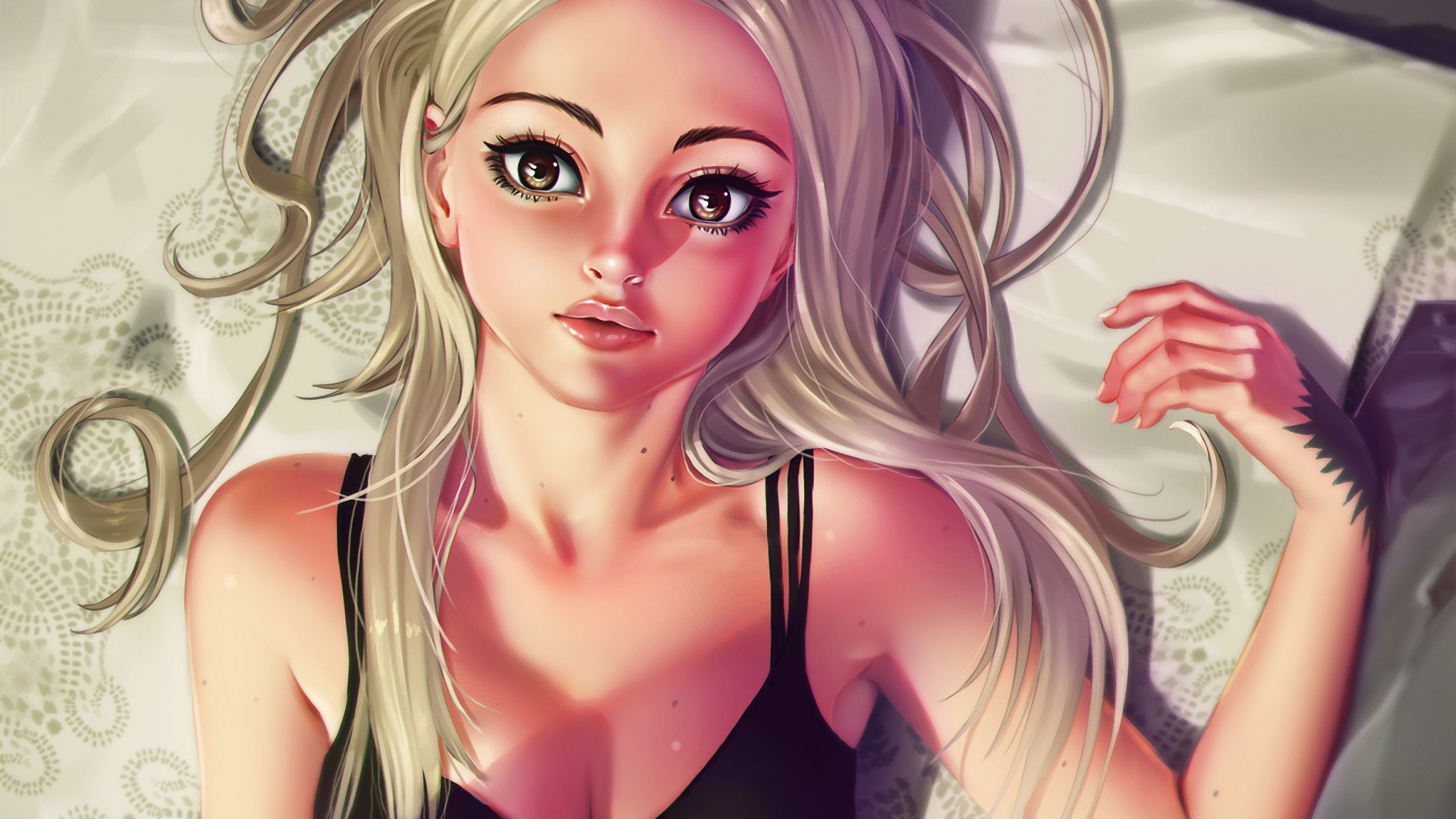Picture Blonde girl Selfie Girls Glance Painting Art 2560x1440