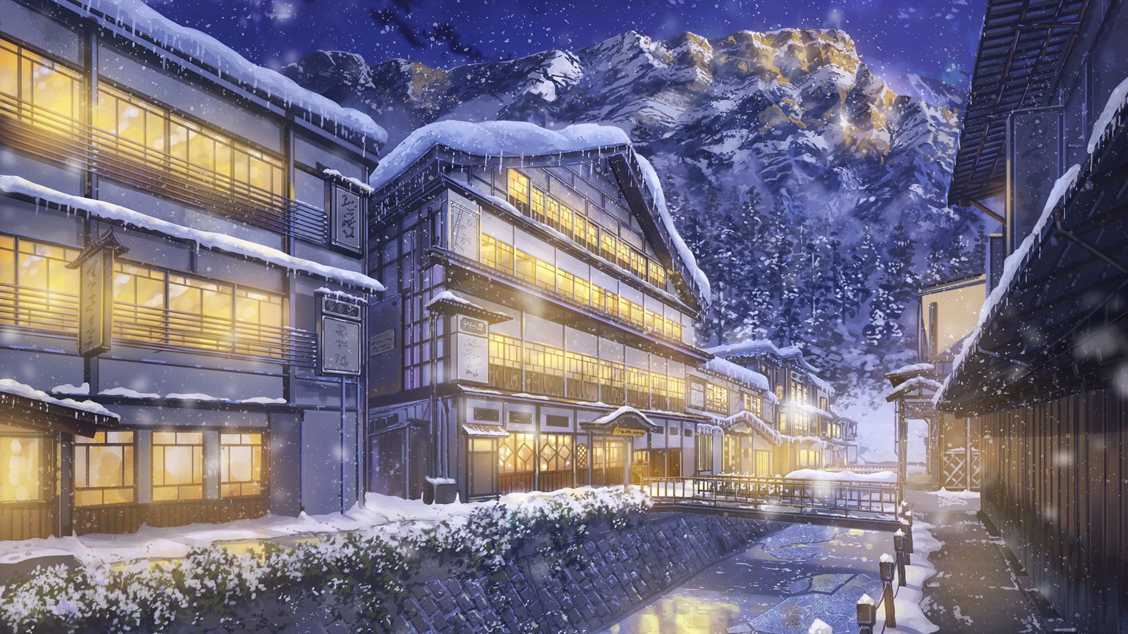 Download 3840x2160 Anime Landscape, Winter, Snow, Mountain, Light, Buildings Wallpaper for UHD TV
