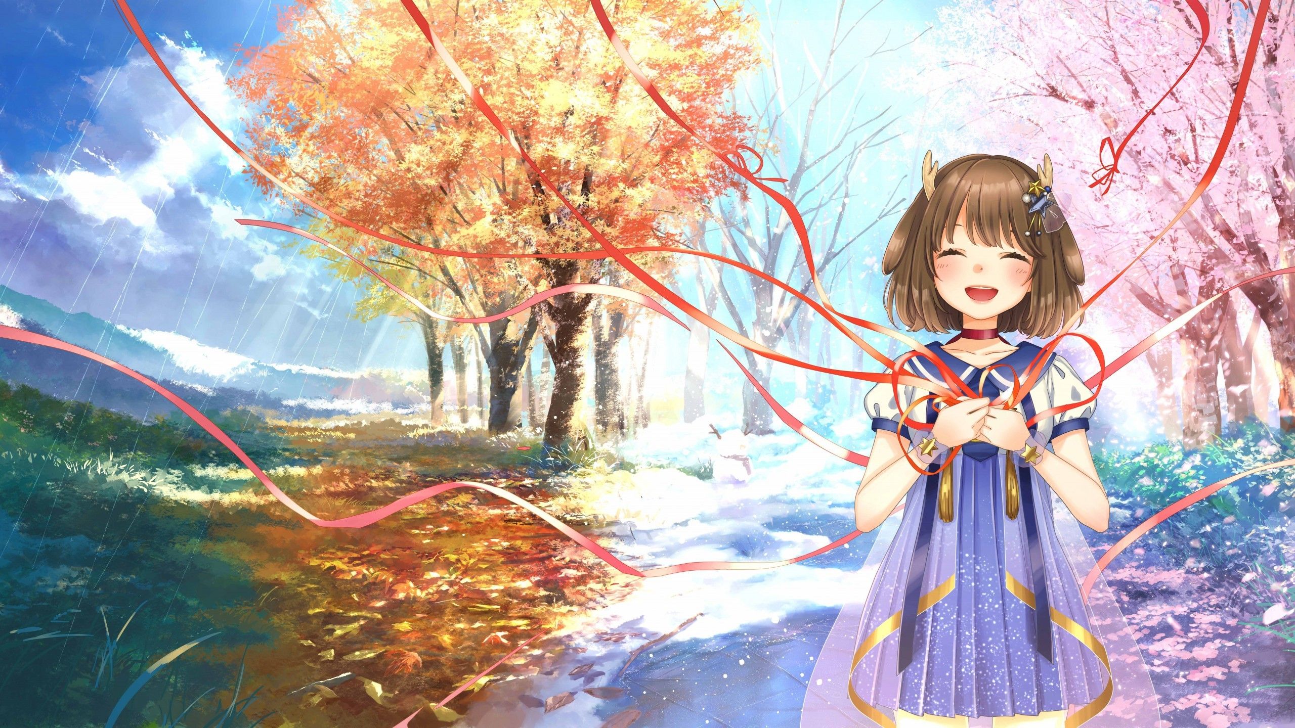 Download 2560x1440 Anime Landscape, Four Seasons, Cute Anime Girl, Autumn, Winter, Spring, Summer Wallpaper for iMac 27 inch
