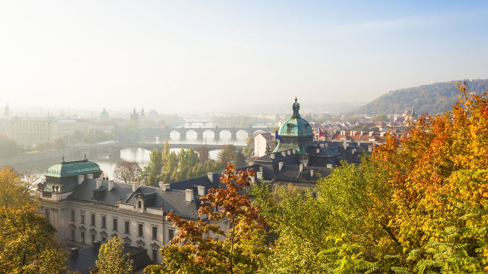Cityscape of Prague in autumnal morning (Prague, Czech Republic). Panorama Hotel Prague