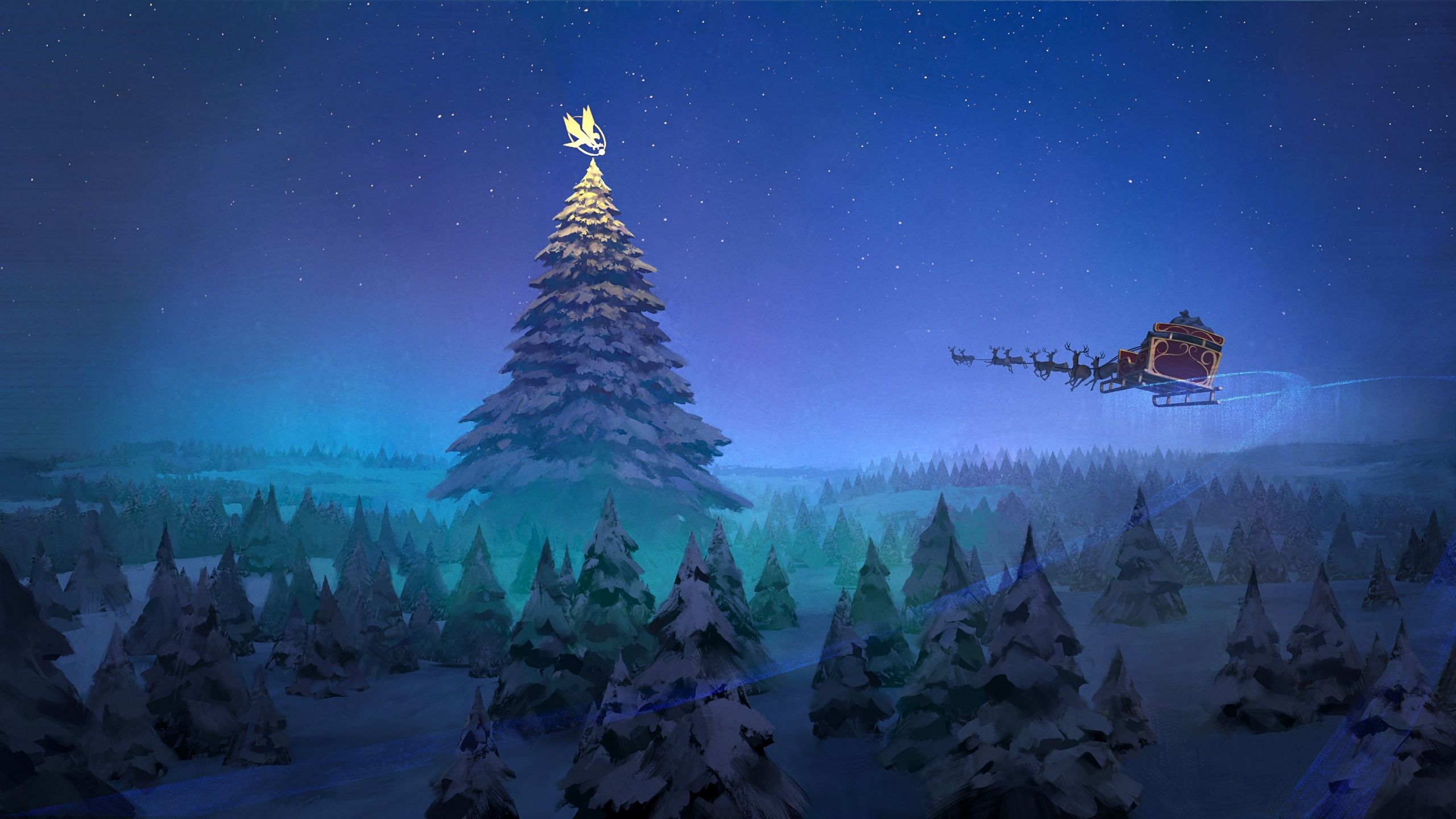 Download 2560x1440 Santa Claus, Flying, Christmas Tree, Stars, Night Wallpaper for iMac 27 inch