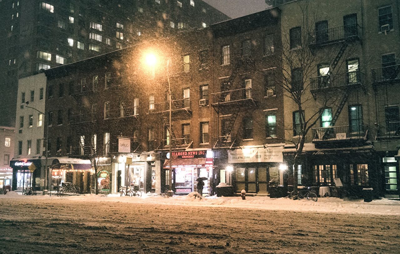 Image Manhattan New York City USA storm Snow Street Street lights