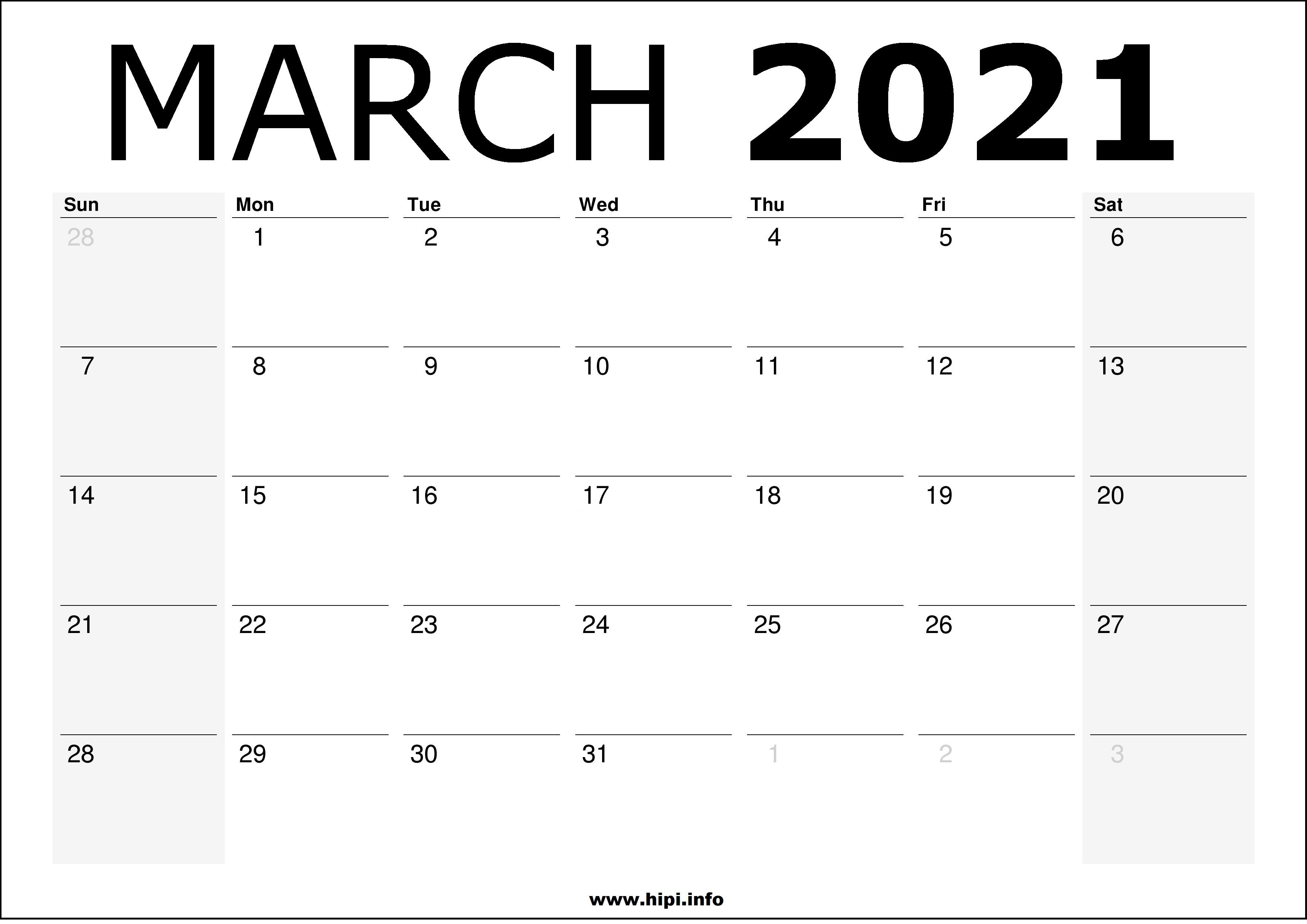 March 2021 Digital Month Calendar Wallpaper Background One day at a time Black /& White