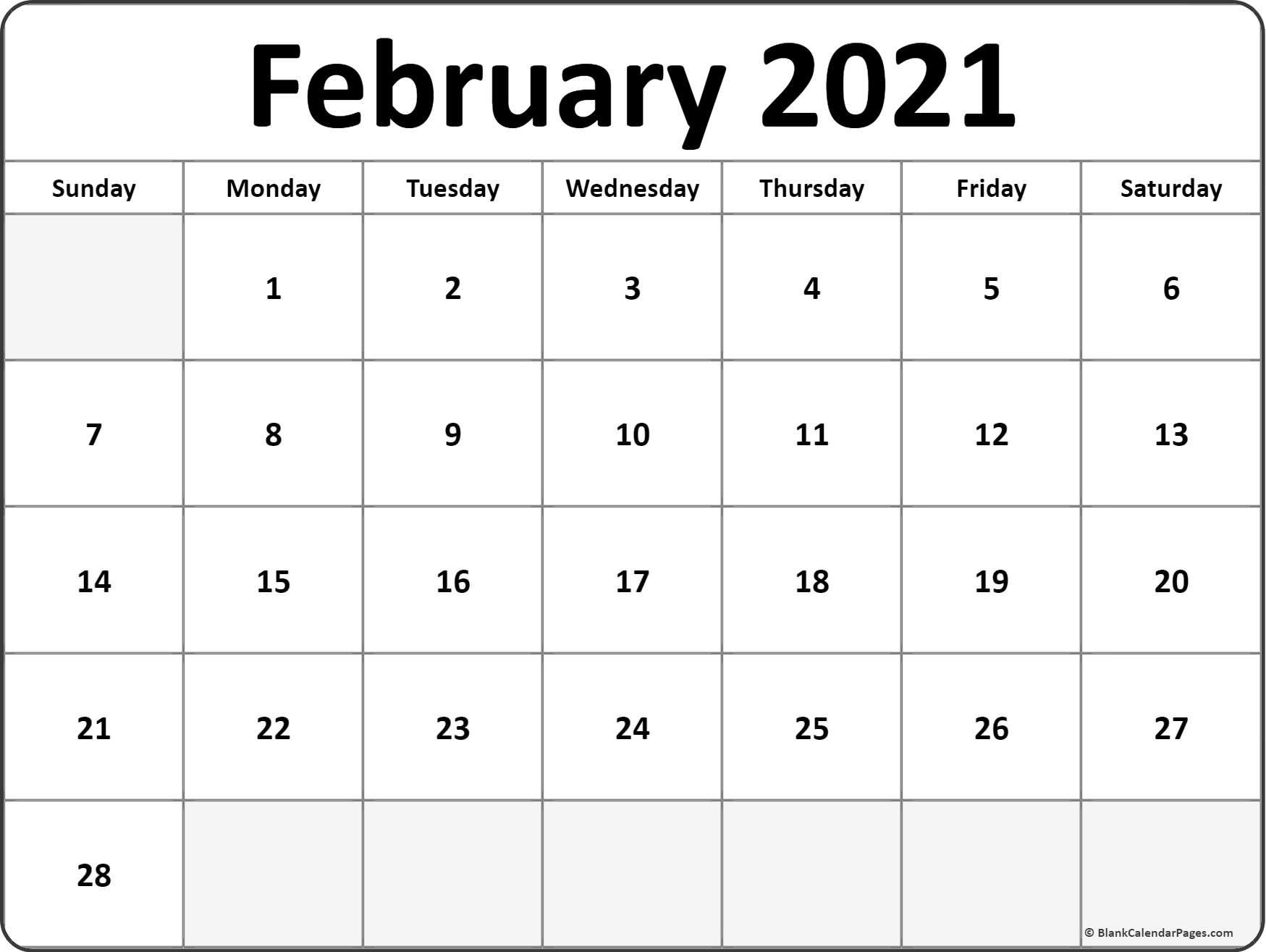 February Calendar 2021 Printable. Free Printable Calendar Monthly