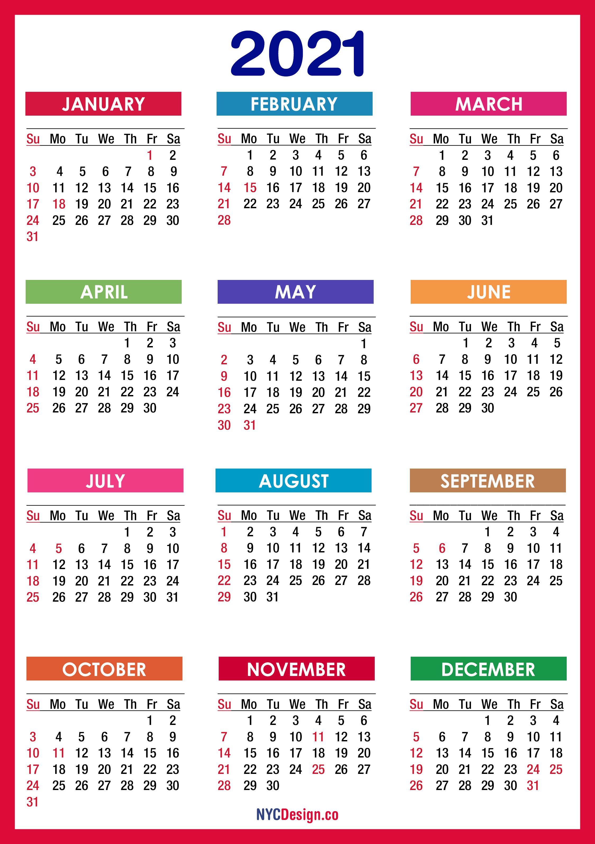 Calendar with Holidays, Printable Free, PDF, Colorful, Red, Orange