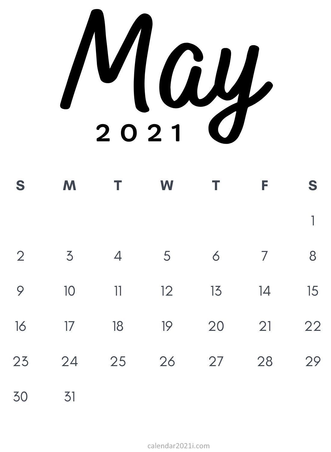 May 2021 Minimalist Printable Calendar design in black and white appearance. Monthly calendar printable, Printable calendar , 2021 calendar