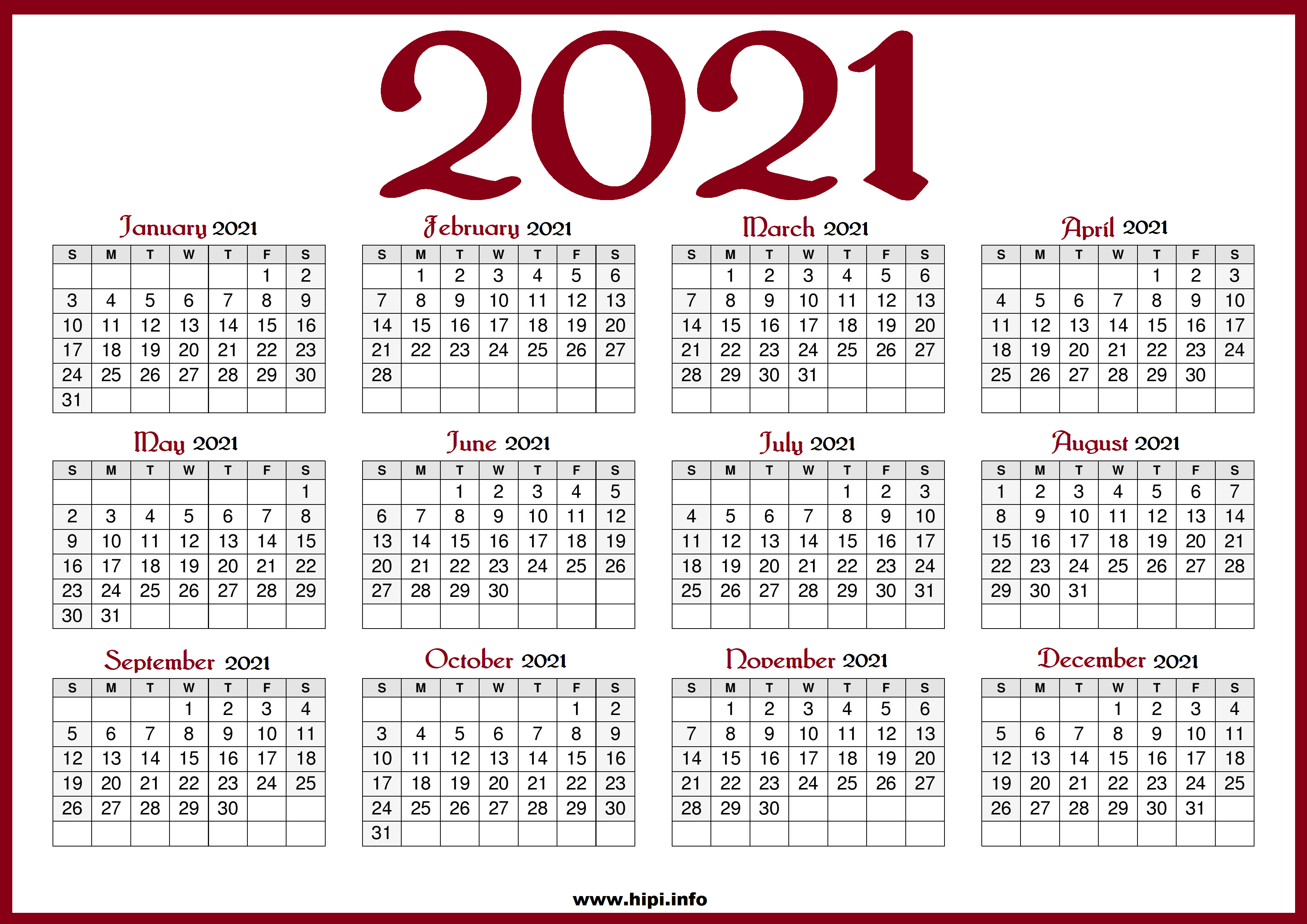 Printable 2021 Calendar with US Holidays