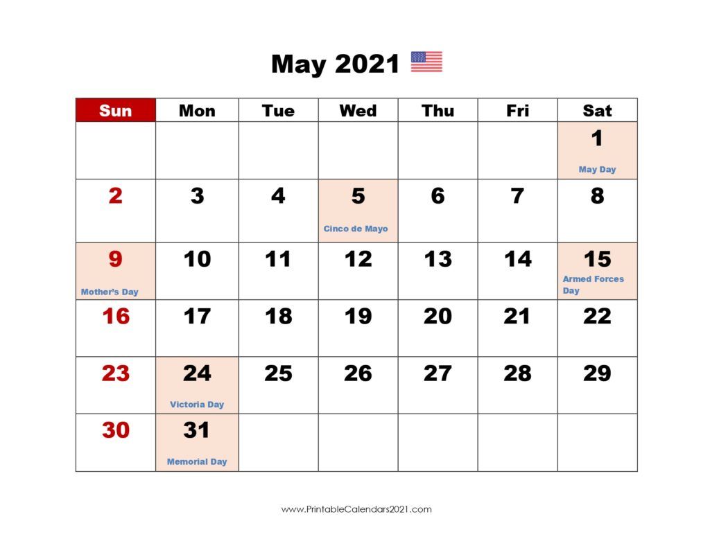 Printable Calendar May Printable 2021 Calendar with Holidays in 2020 calendar, Calendar, Calendar printables