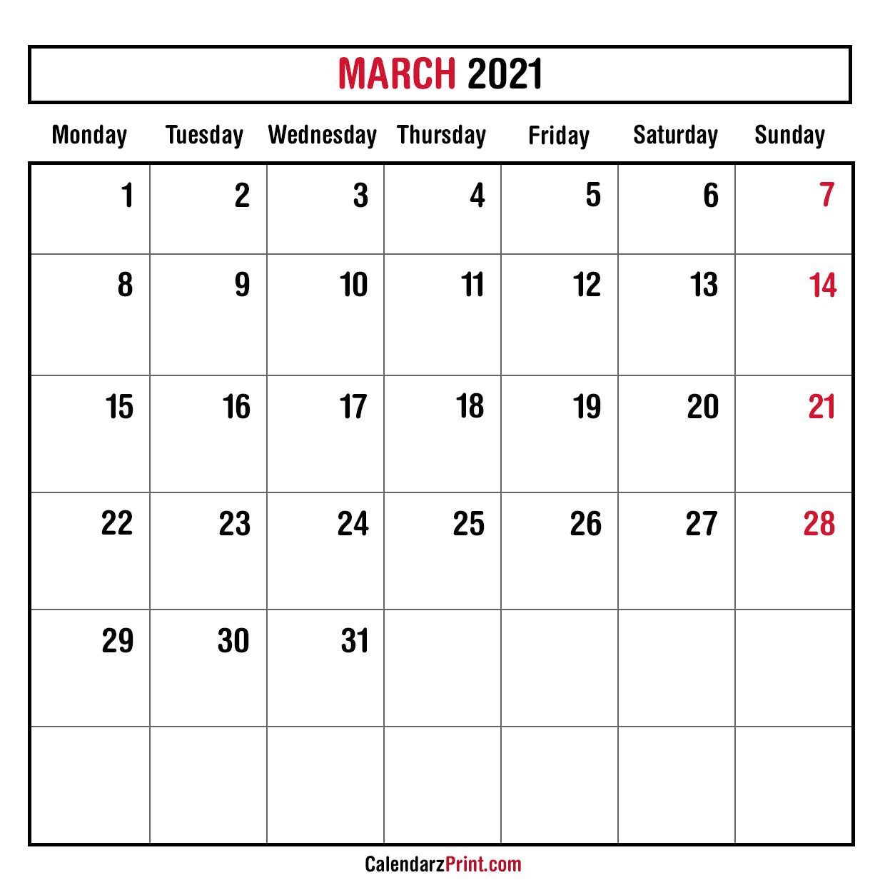 March 2021 Monthly Planner Calendar, Printable Free