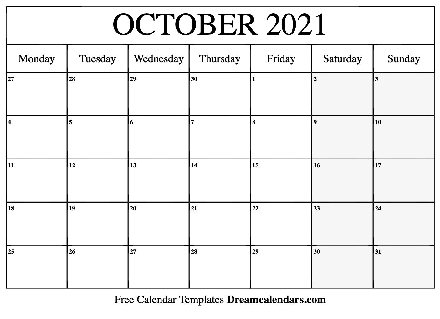 October 2021 calendar. free blank printable