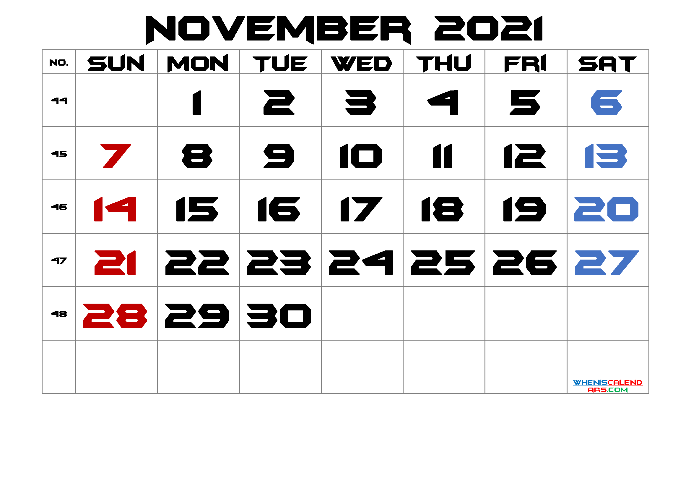 November 2021 Printable Calendar with Week Numbers [Free Premium]. Printable calendar , Calendar printables, Monthly calendar printable