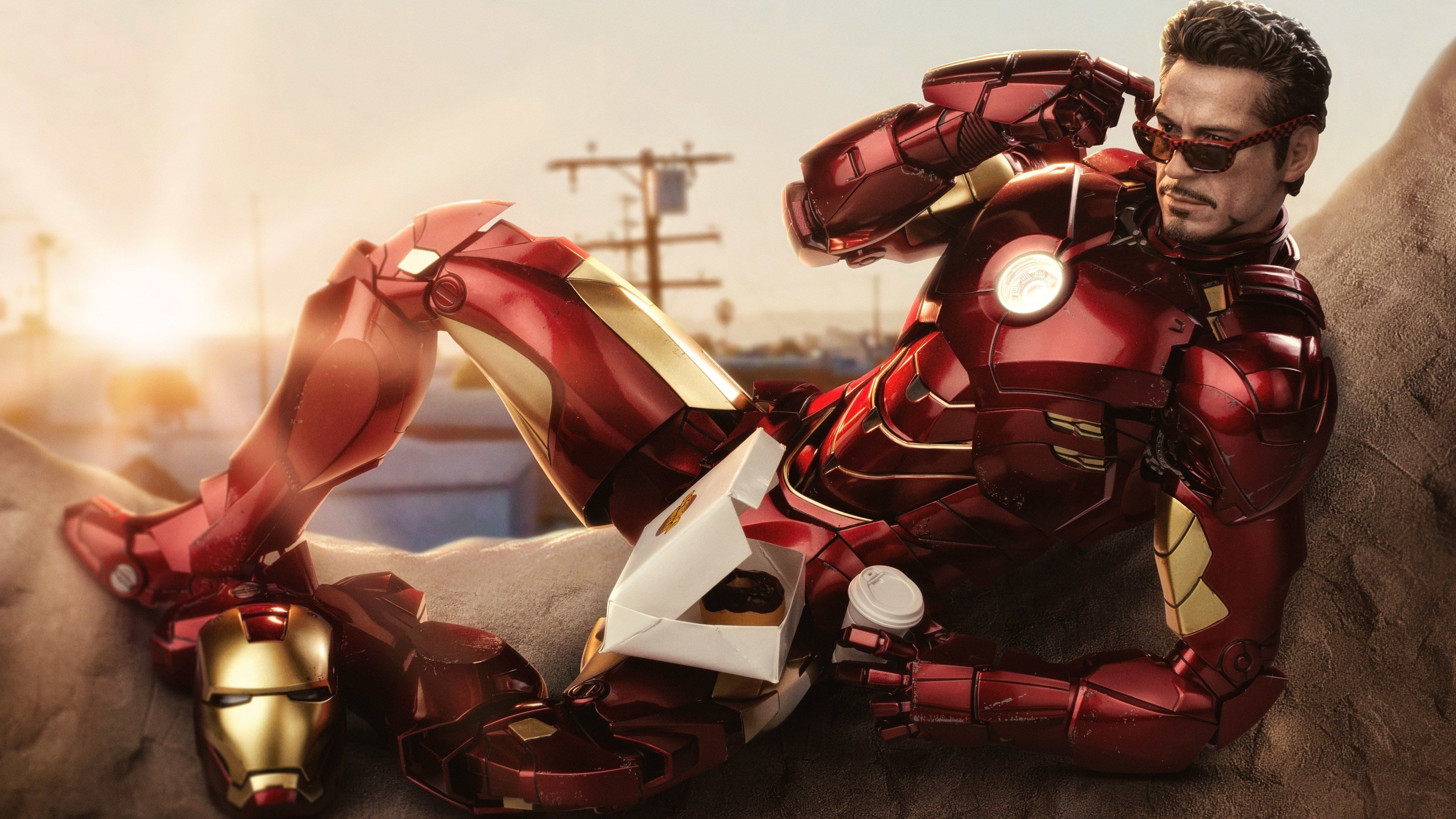 Wallpaper 4k Iron Man Eating Dunkin Donuts With Coffee 4k Wallpaper, 5k Wallpaper, Hd Wallpaper, Iron Man Wallpaper, Superheroes Wallpaper