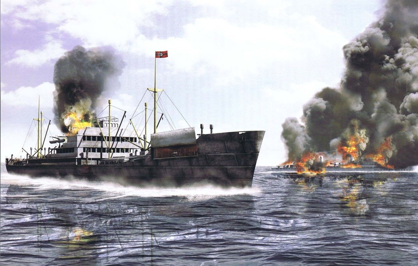 Wallpaper sea, fire, smoke, figure, ships, art, destroyer, WW the cargo ship image for desktop, section оружие