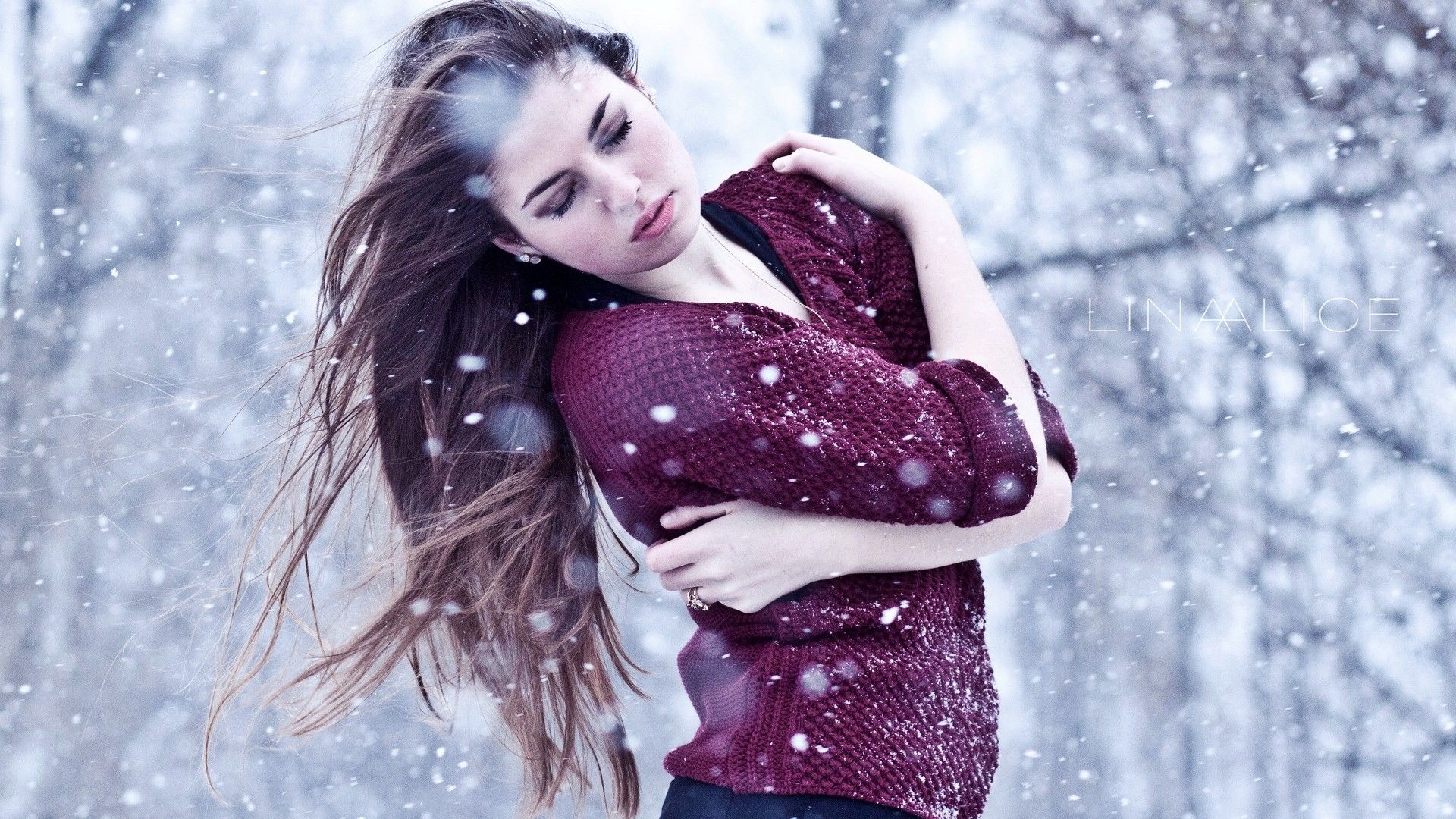 Download Wallpaper 1920x1080 girl, winter, snow, suit, brunette Full HD 1080p HD Background
