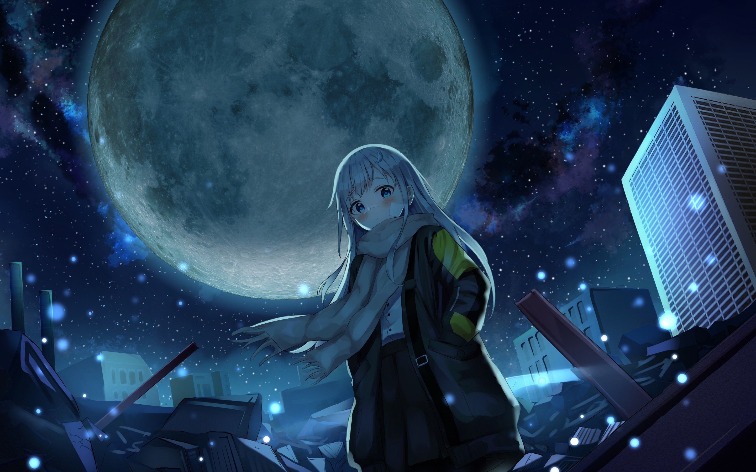 Download 2880x1800 Anime Night, Giant Moon, Starry Sky, Anime Girl, Winter Wallpaper for MacBook Pro 15 inch