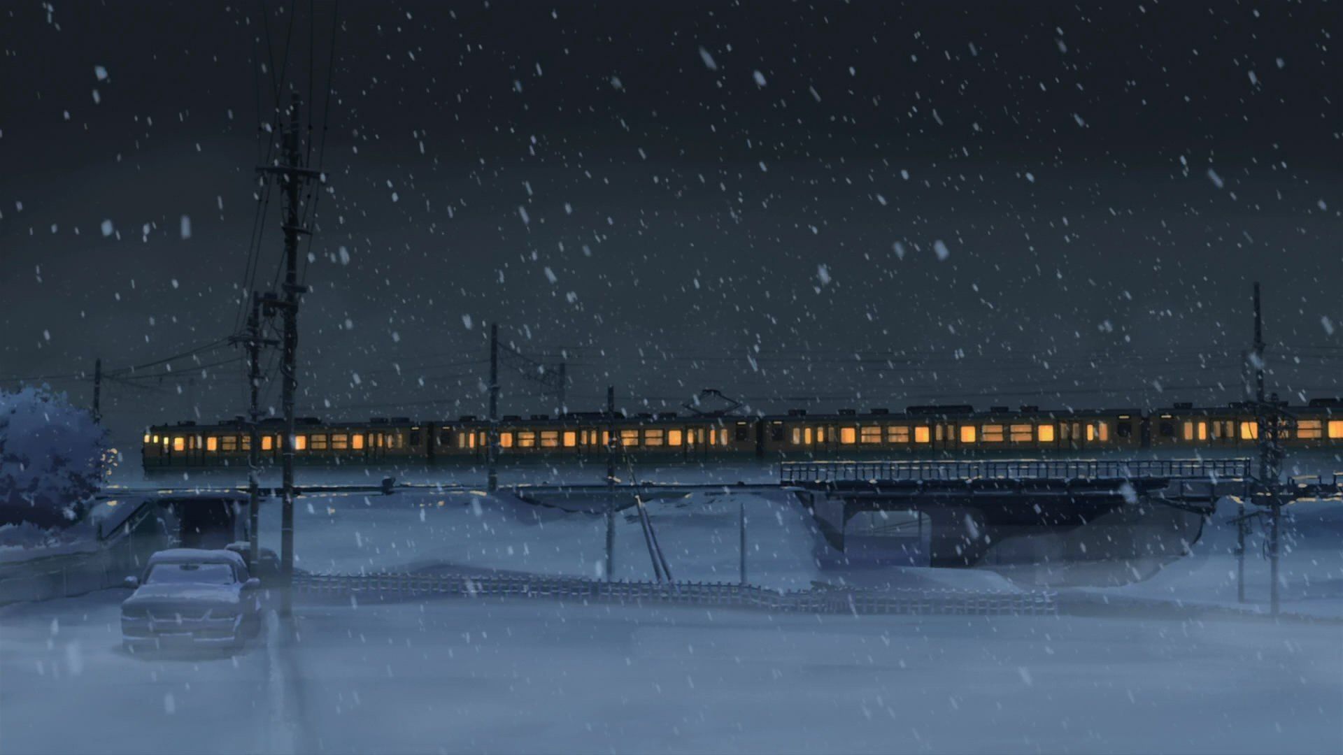 digital art, Anime, Night, Power lines, Train, Snow, Winter, 5 Centimeters Per Second, Utility pole HD Wallpaper / Desktop and Mobile Image & Photo
