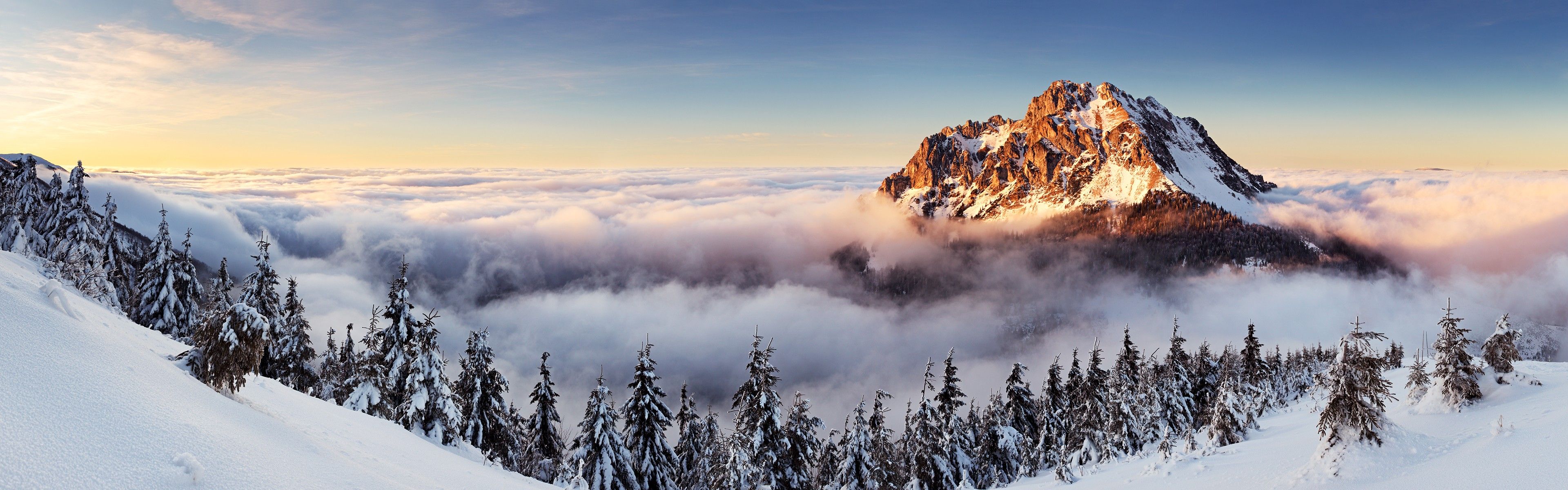 landscape, mountains, mist, pine trees, winter, Slovakia, multiple display, dual monitorsx1200 Wallpaper