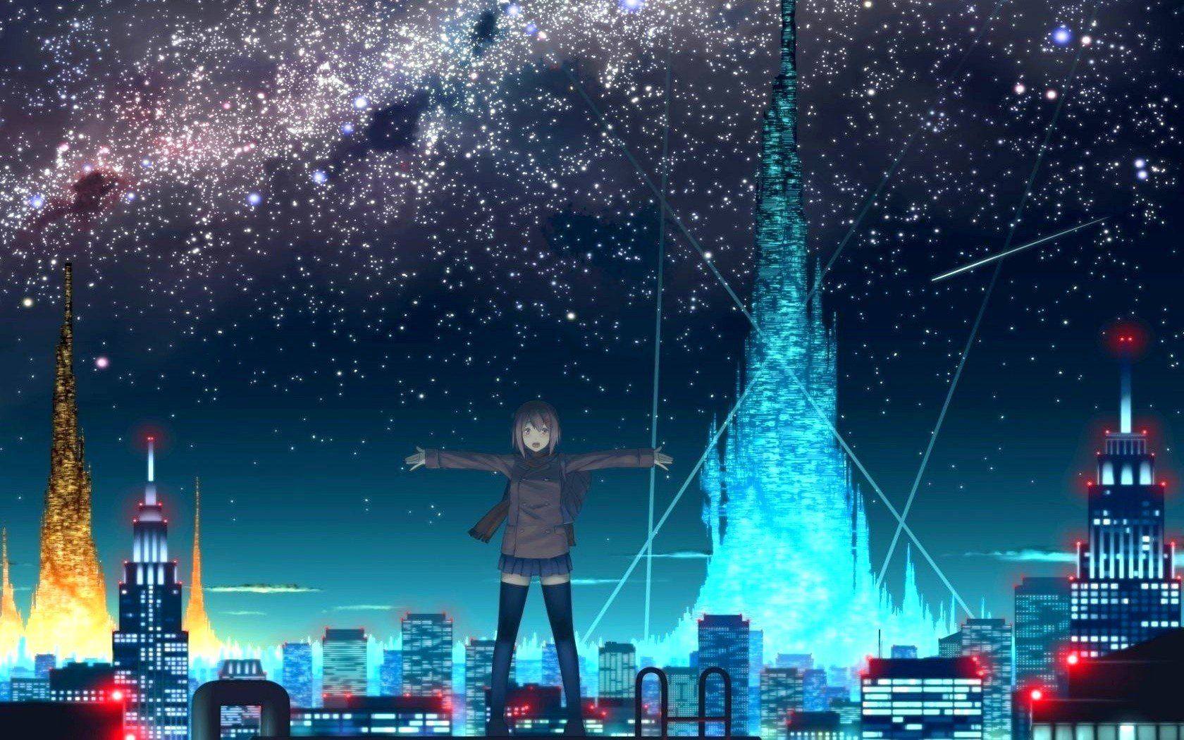 Cityscapes stars futuristic skyscrapers city lights anime original characters wallpaperx1050
