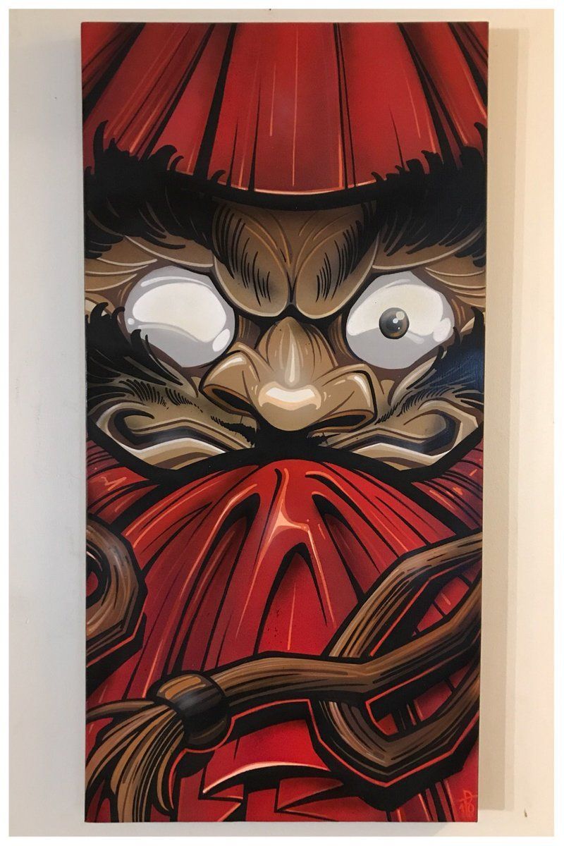 The Daruma doll! 18” x 36” acrylic and spray on canvas. Sealed with a UV and archival matte varnish, 1.5 inch trimmed black gal. Japanese art, Japan art, Tiki art