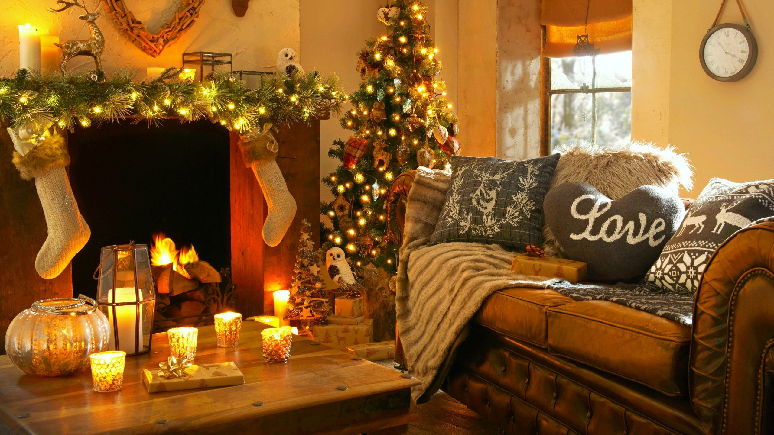 Wallpaper Christmas, new year, home, light, fire, candles, pillows, , Holidays