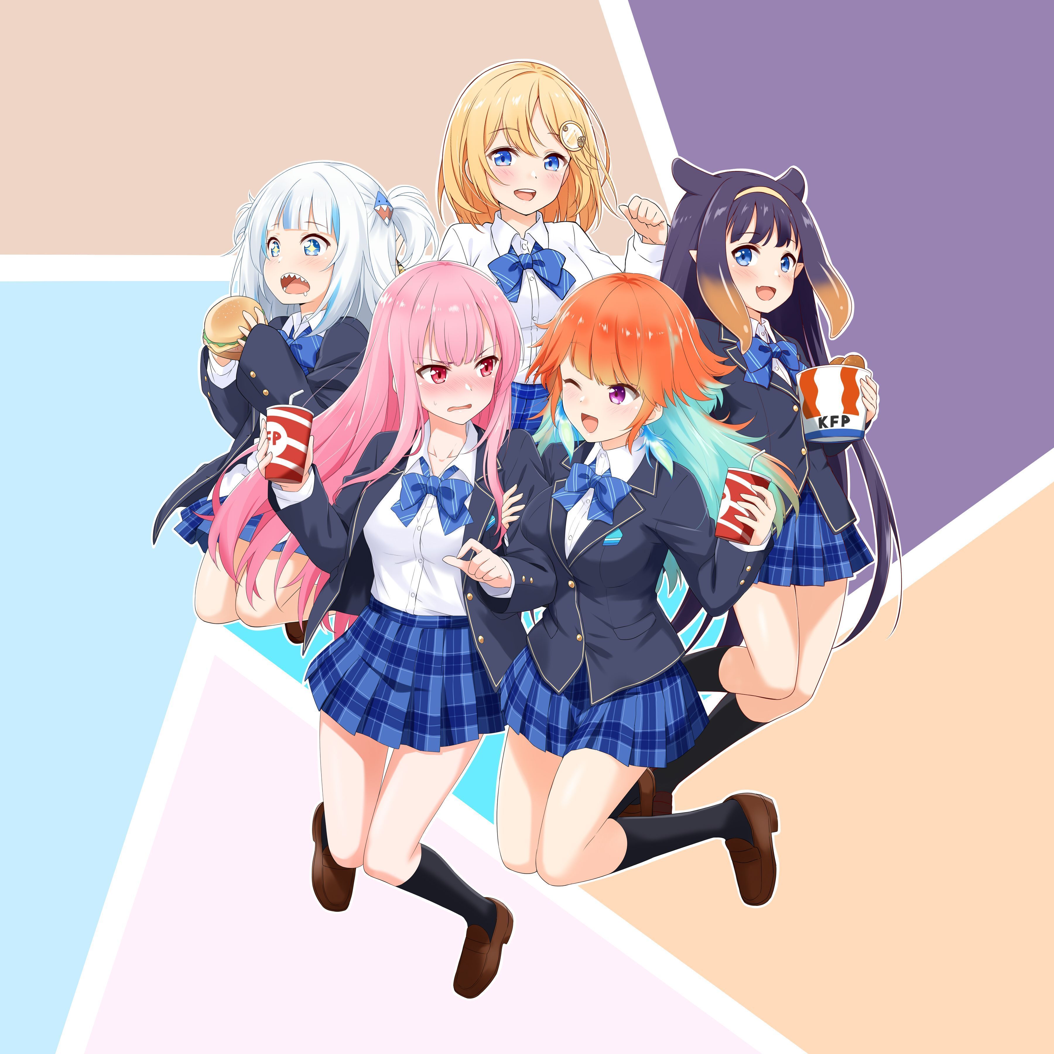 Gura Gawr, Ina'nis Ninomae, Amelia Watson, Calliope Mori, & Kiara Takanashi (Hololive). Artist: フェルティア. Cute art, Anime prince, English girls