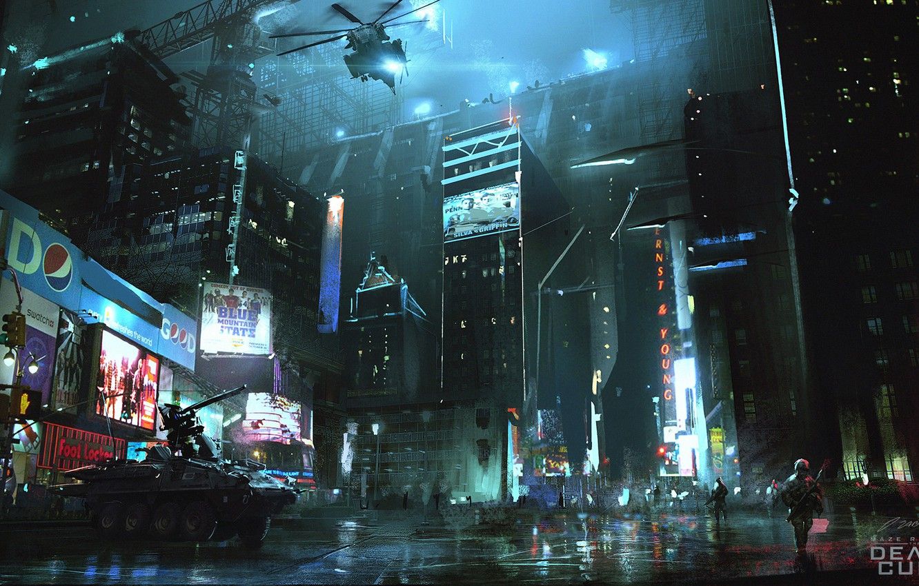 Wallpaper night, the city, house, wall, street, helicopter, art, Maze Runner, Death Cure image for desktop, section арт