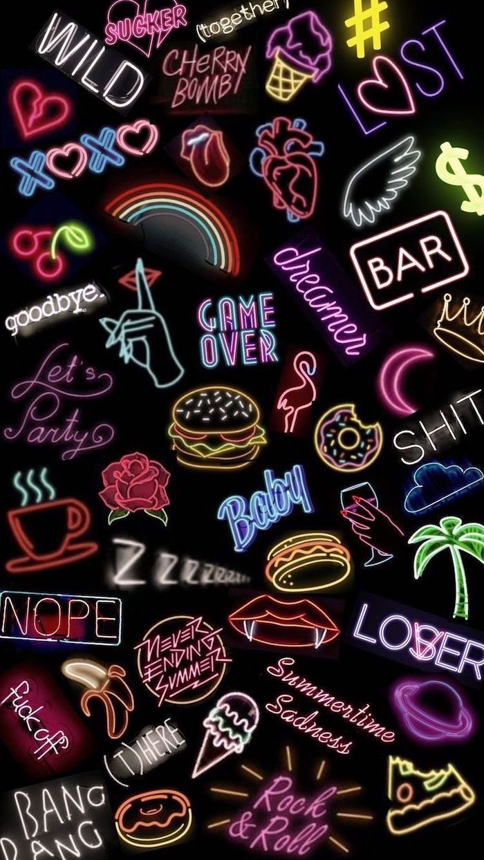 Colourful Neon Signs Kawaii Background Black Background. Neon Wallpaper, Instagram Wallpaper, Wallpaper Iphone Cute