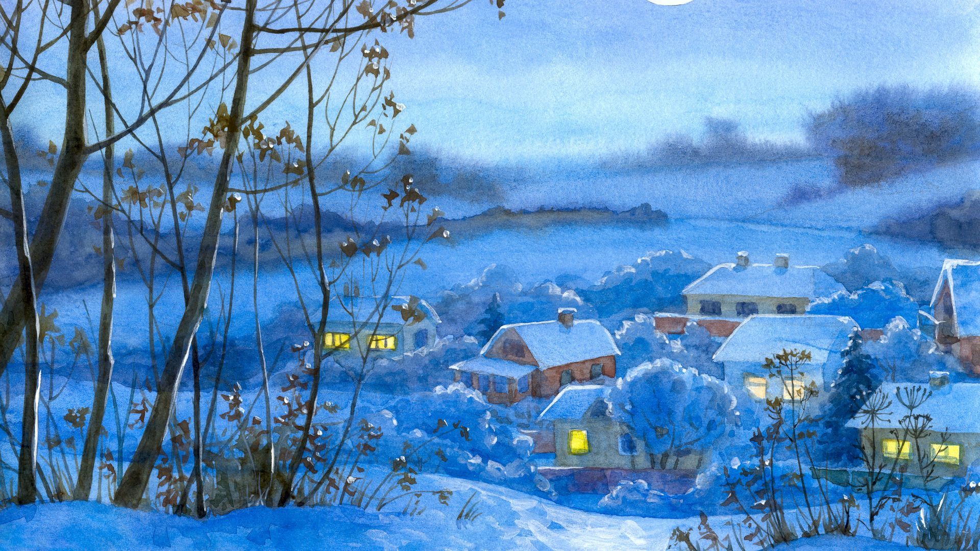 Download wallpaper 1920x1080 painting, winter, village, home, night, month, snow full hd, hdtv, fhd, 1080p HD background