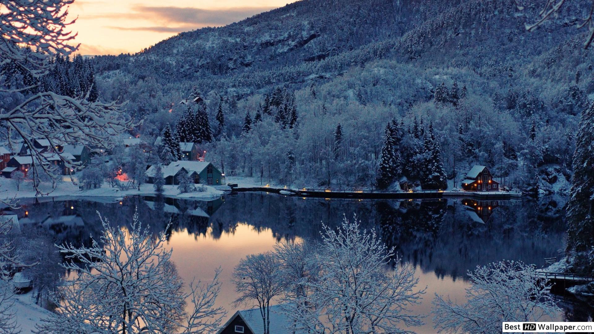 Sunset at winter village in winter HD wallpaper download
