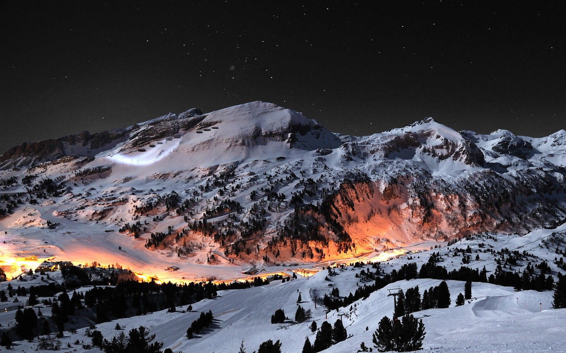 winter, landscape, mountain, stars, night wallpaper